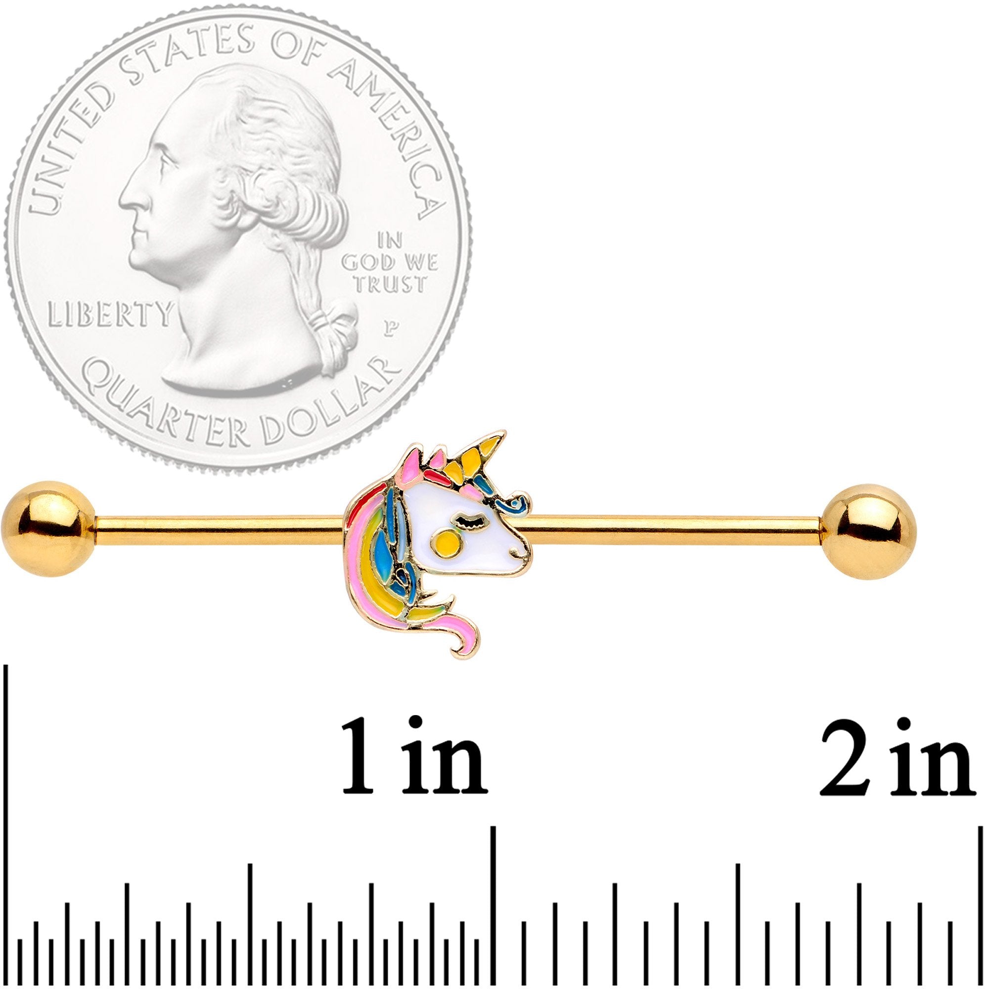 14G Gold Tone Pastel Unicorn Industrial Barbell 38mm