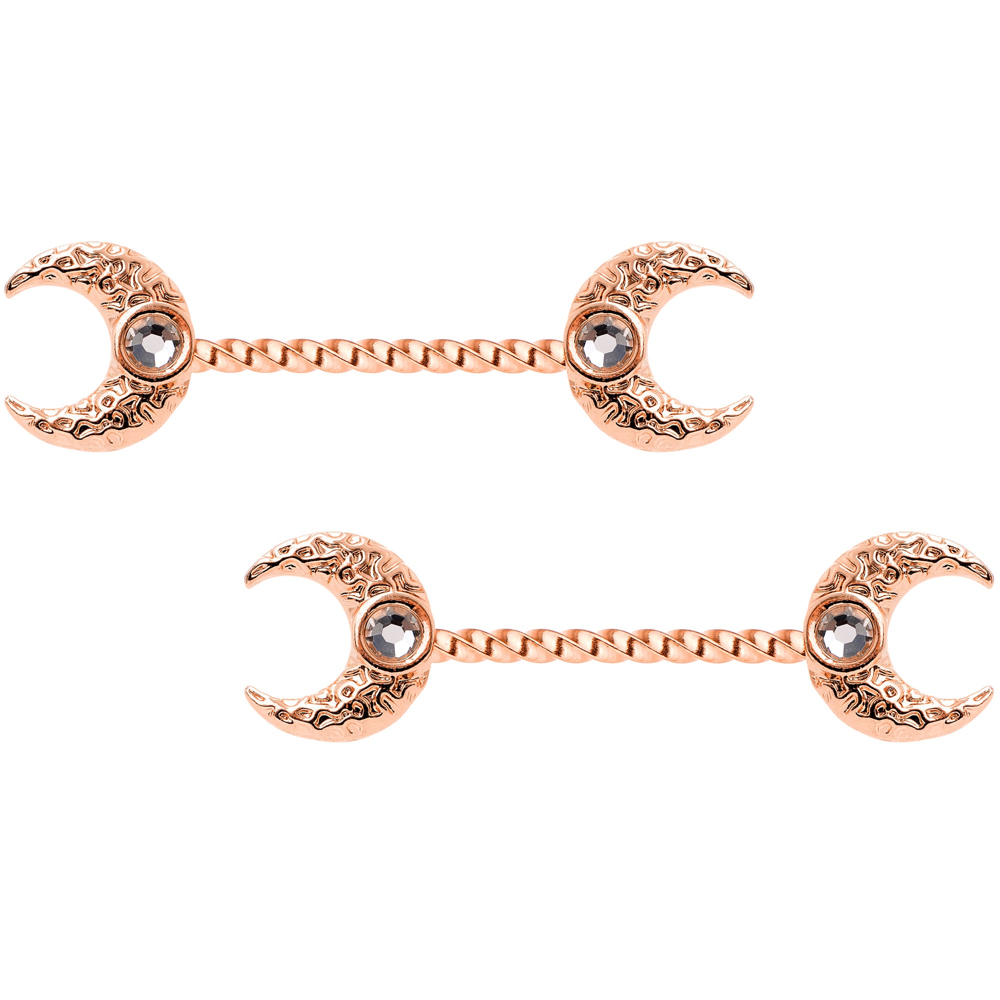 14 Gauge Clear Gem Rose Gold Tone Witch Moon Barbell Nipple Ring Set