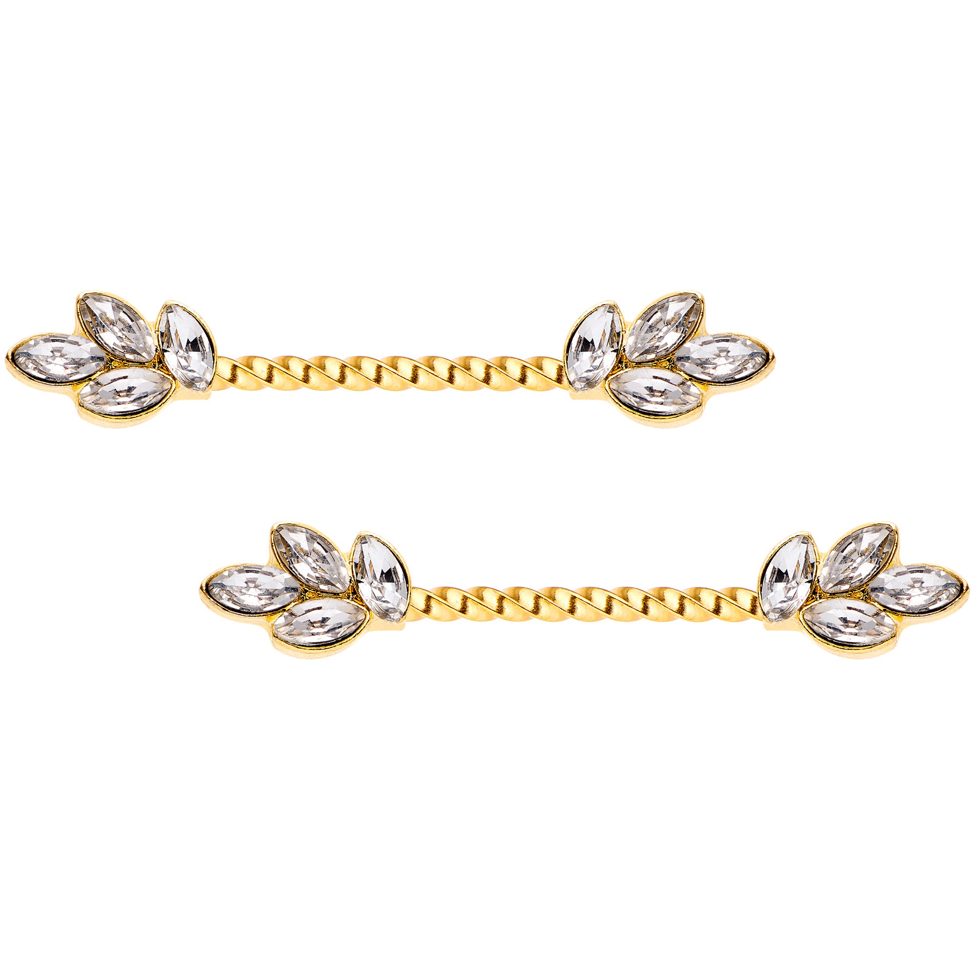 14G Clear Gem Gold Tone Leaves Twisted Barbell Nipple Ring Set