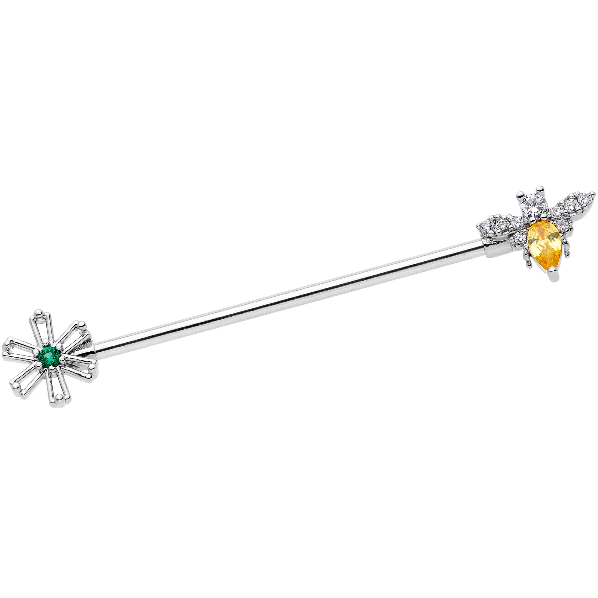 14G Clear Yellow CZ Gem Bumble Bee Flower Industrial Barbell 38mm