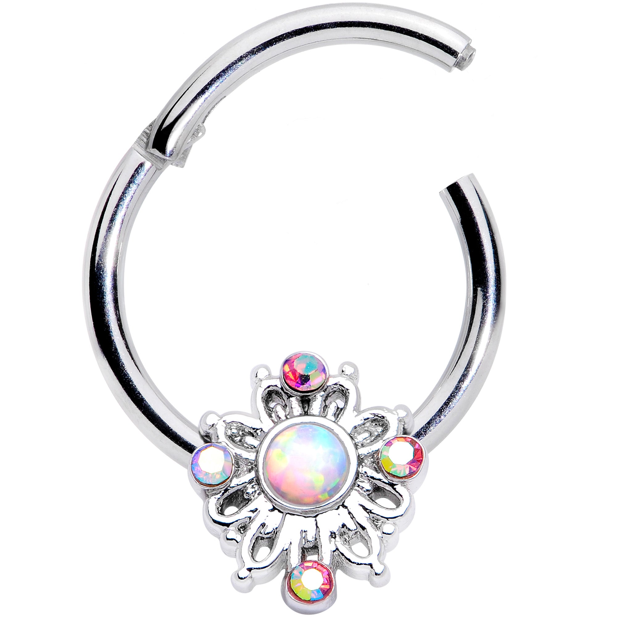 16 Gauge 3/8 White Synthetic Opal Aurora Gem Crest Hinged Segment Ring