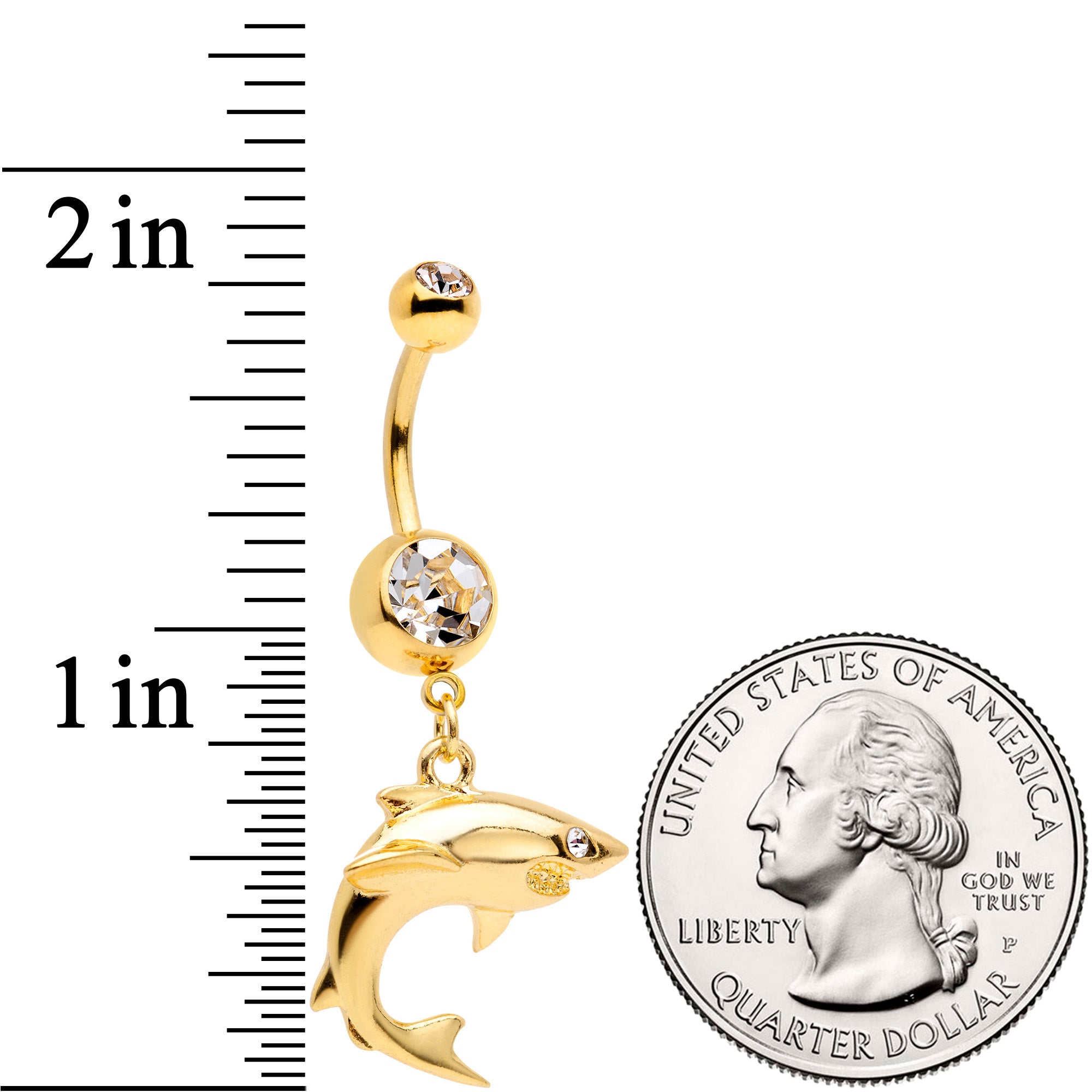 Clear Gem Gold Tone Toothy Shark Dangle Belly Ring