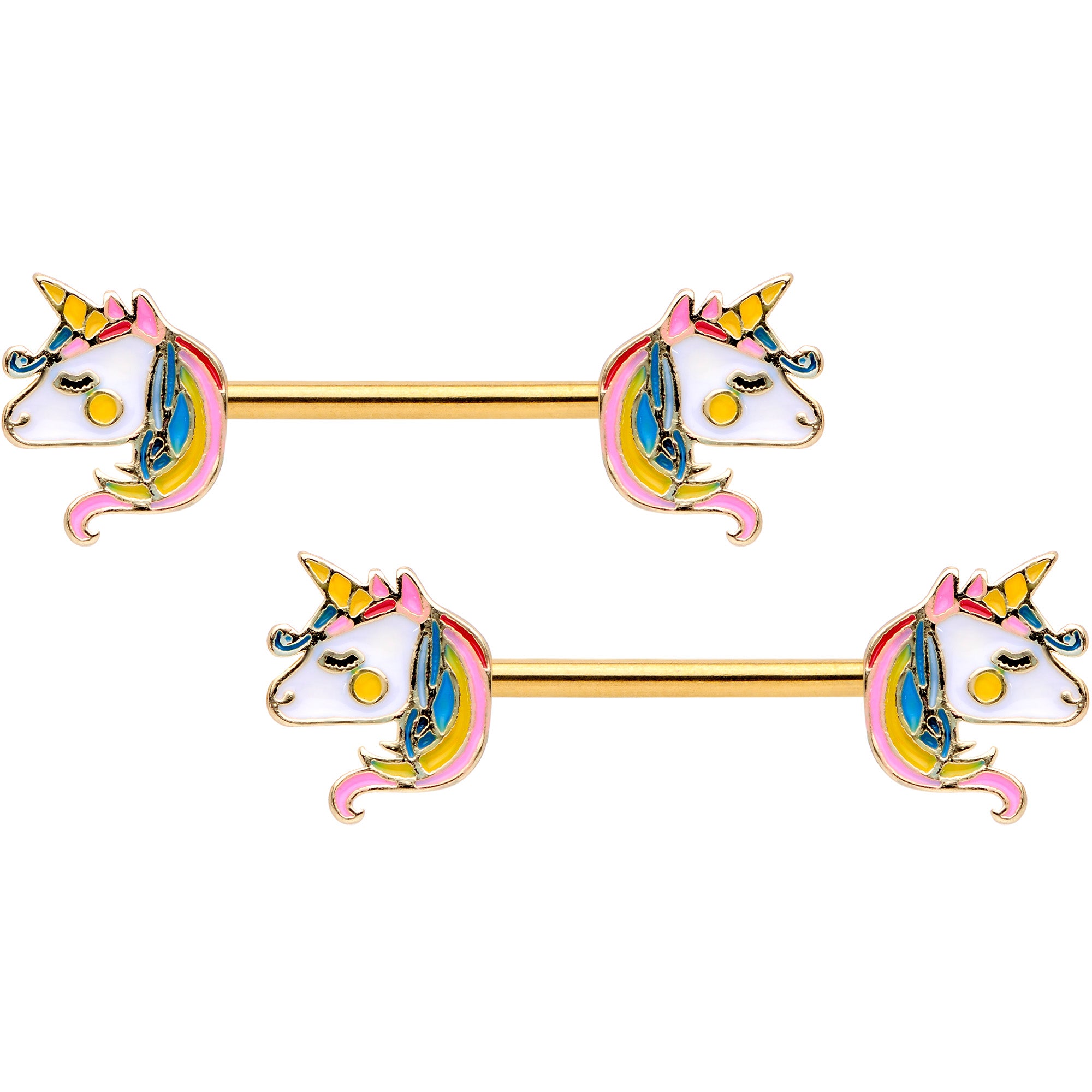 14G Gold Tone Unicorn UV Horseshoe Barbell Nipple Ring Set of 4