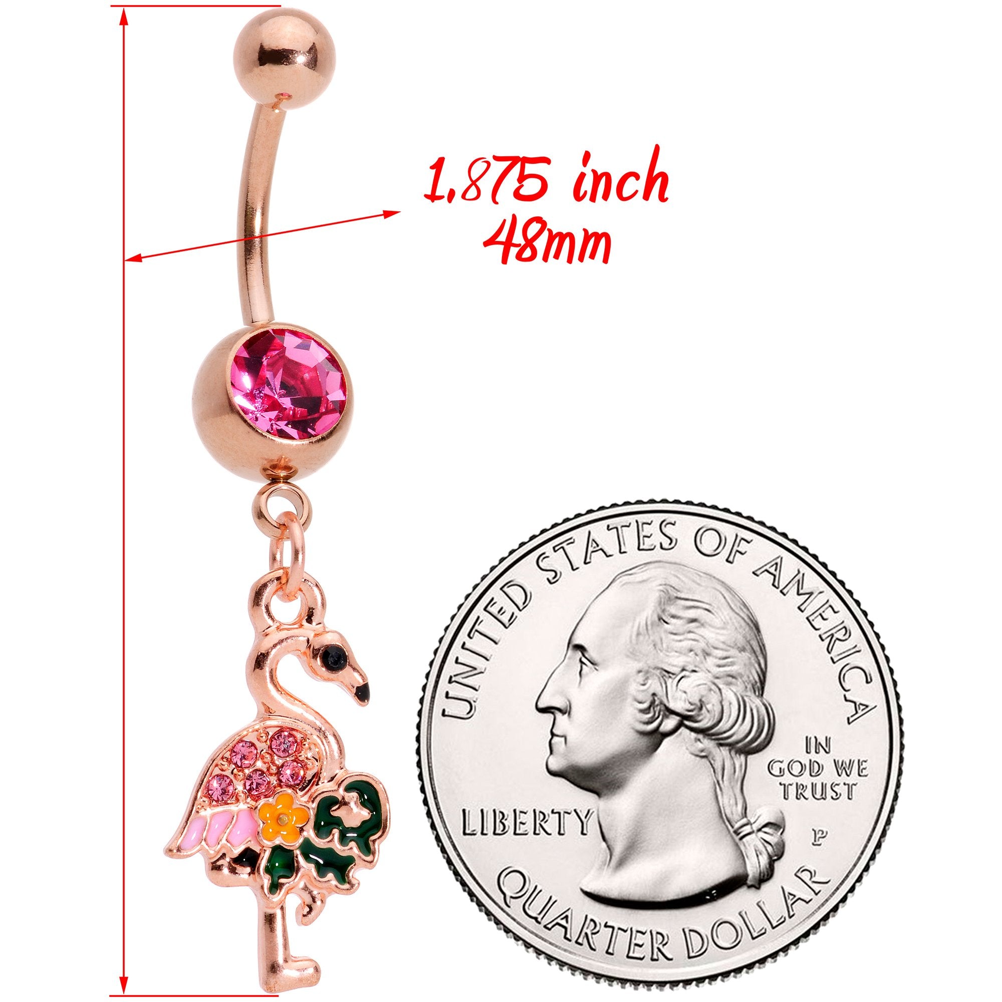 Pink Gem Rose Gold Tone Florida Pink Flamingo Bird Dangle Belly Ring