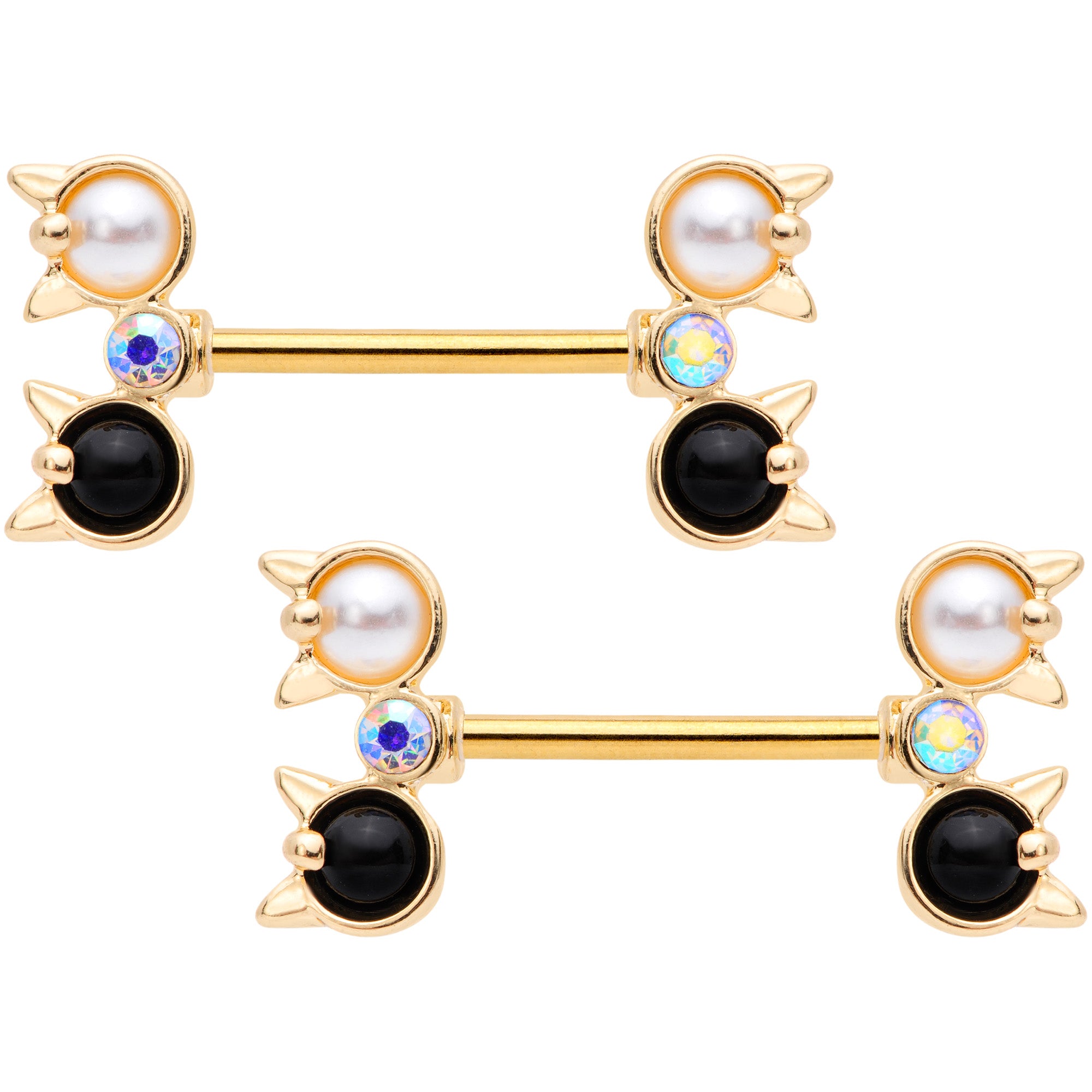 14G Black White CZ Gem Gold Tone Kitty Cat Barbell Nipple Ring Set