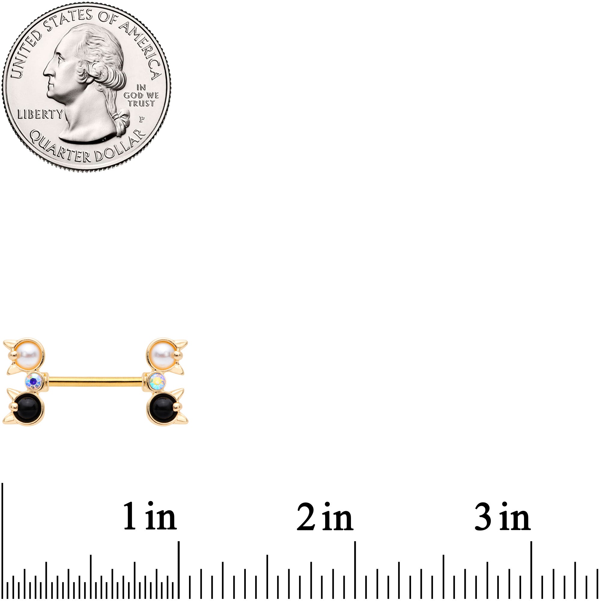 14G Black White CZ Gem Gold Tone Kitty Cat Barbell Nipple Ring Set