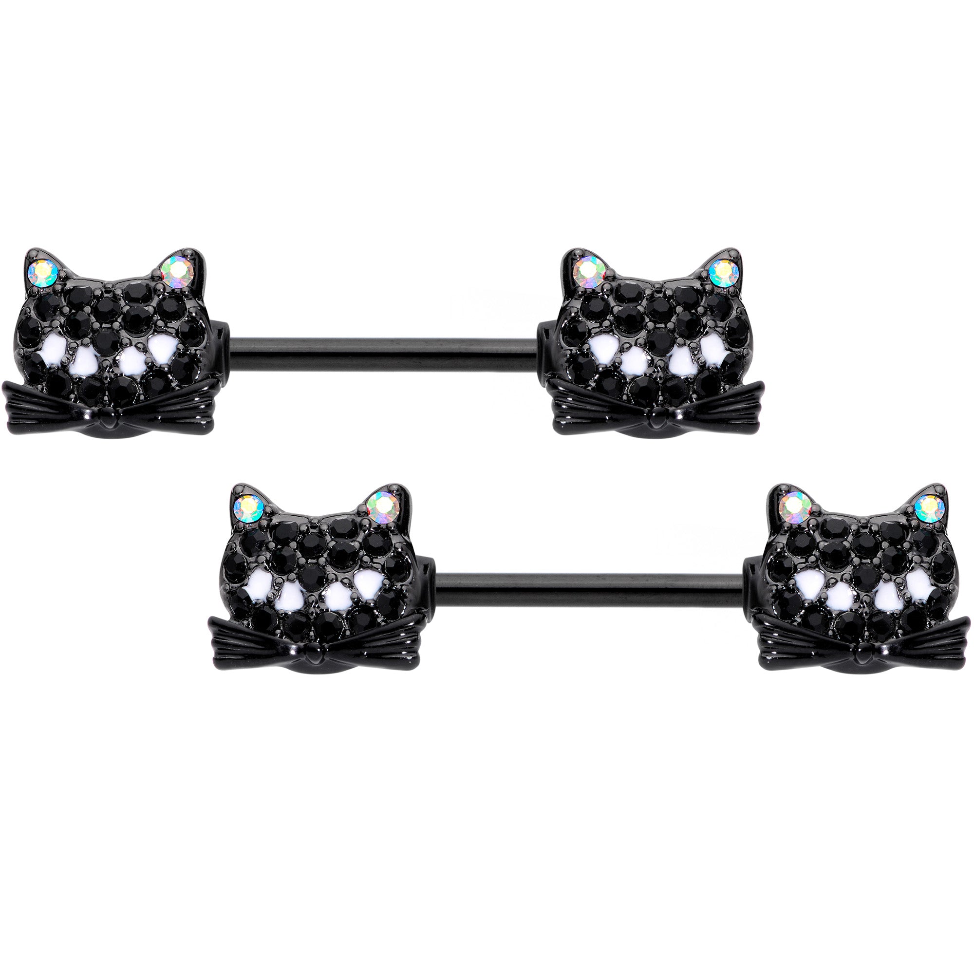 14 Gauge 9/16 Black Aurora Gem Crafty Kitty Cat Barbell Nipple Ring Set
