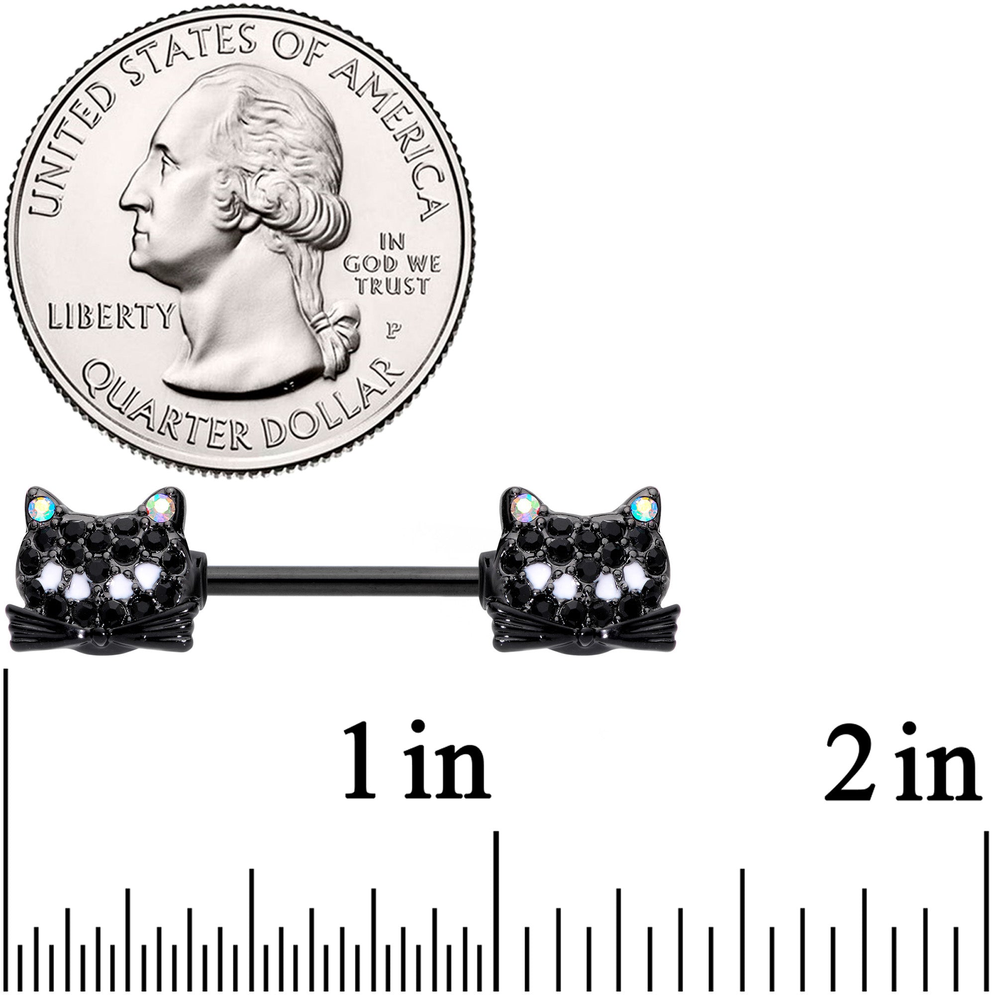 14 Gauge 9/16 Black Aurora Gem Crafty Kitty Cat Barbell Nipple Ring Set