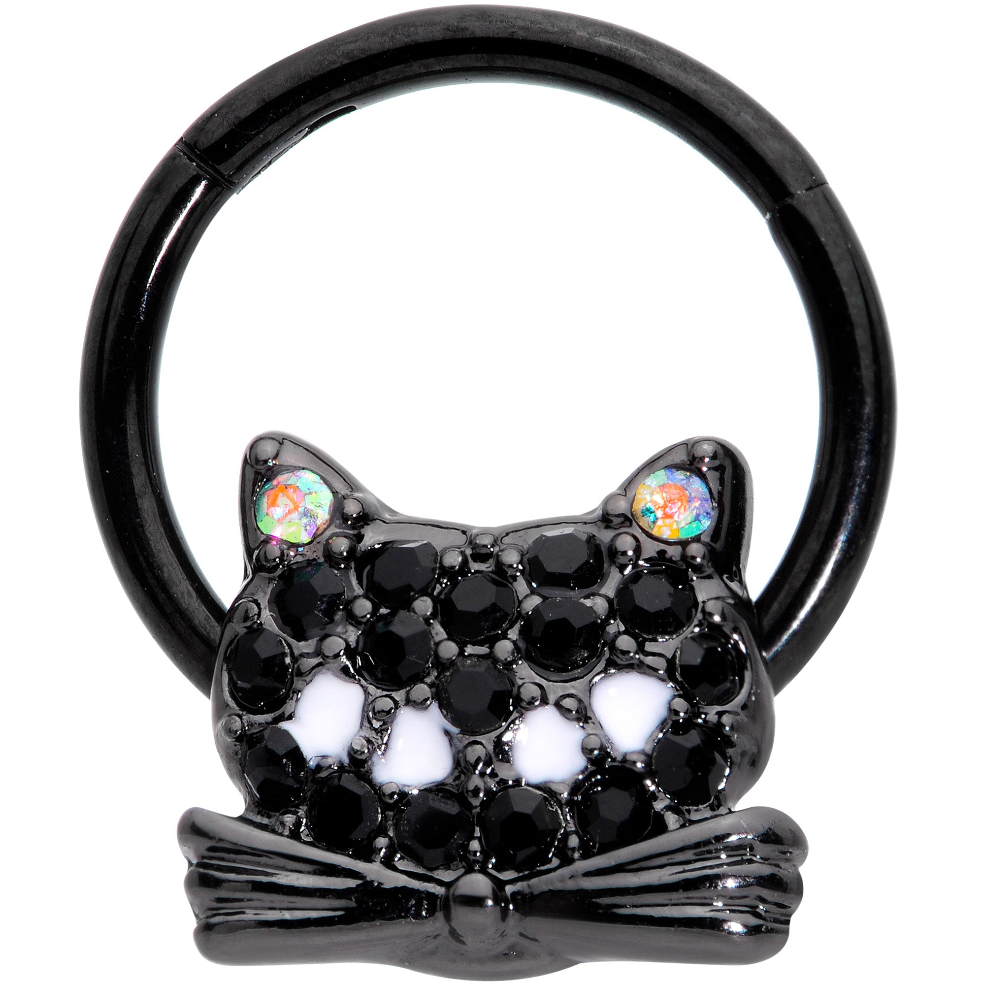 16G 3/8 Black Aurora Gem Black Cat Hinged Segment Ring