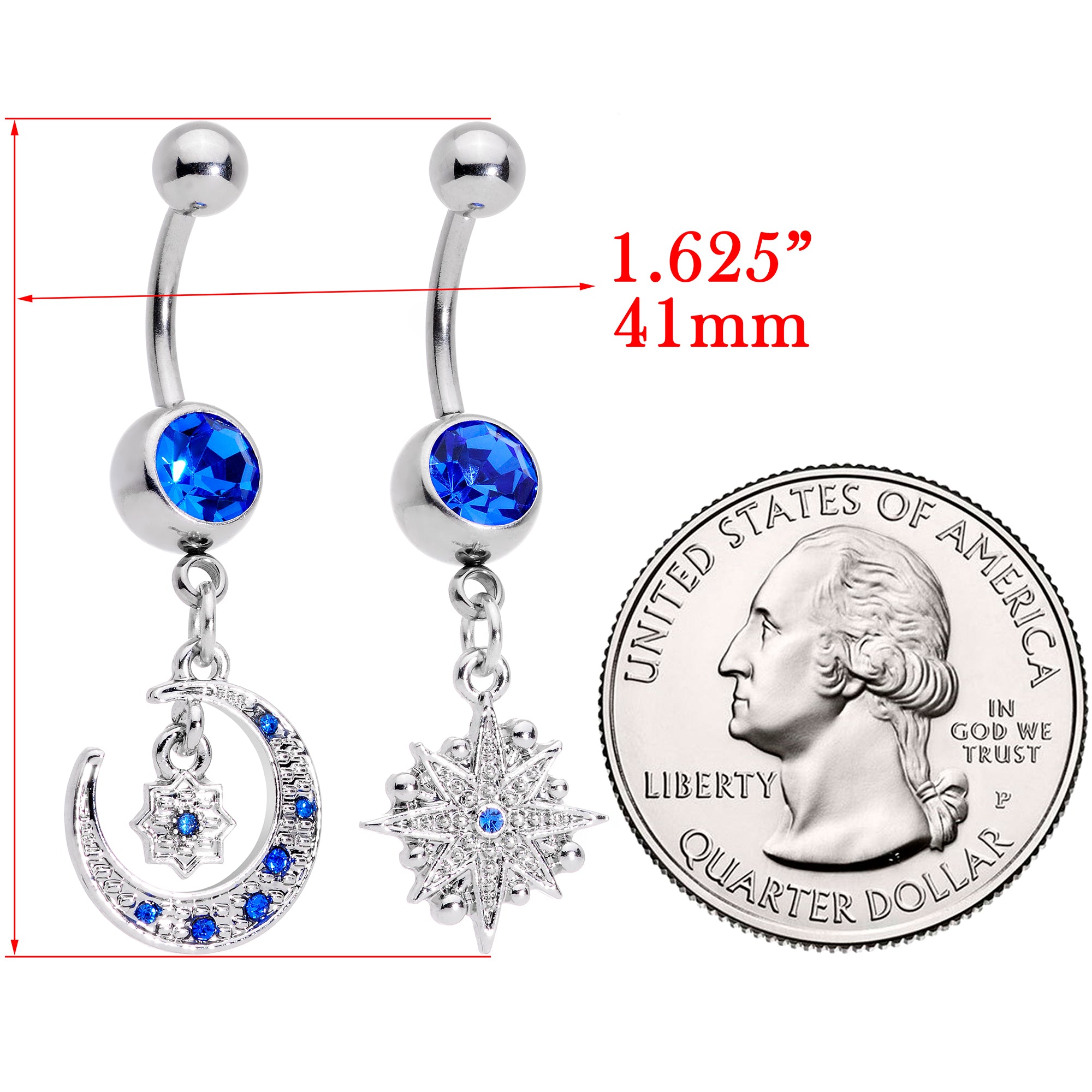 Blue Gem Compass Star Crescent Moon Dangle Belly Ring Set of 2