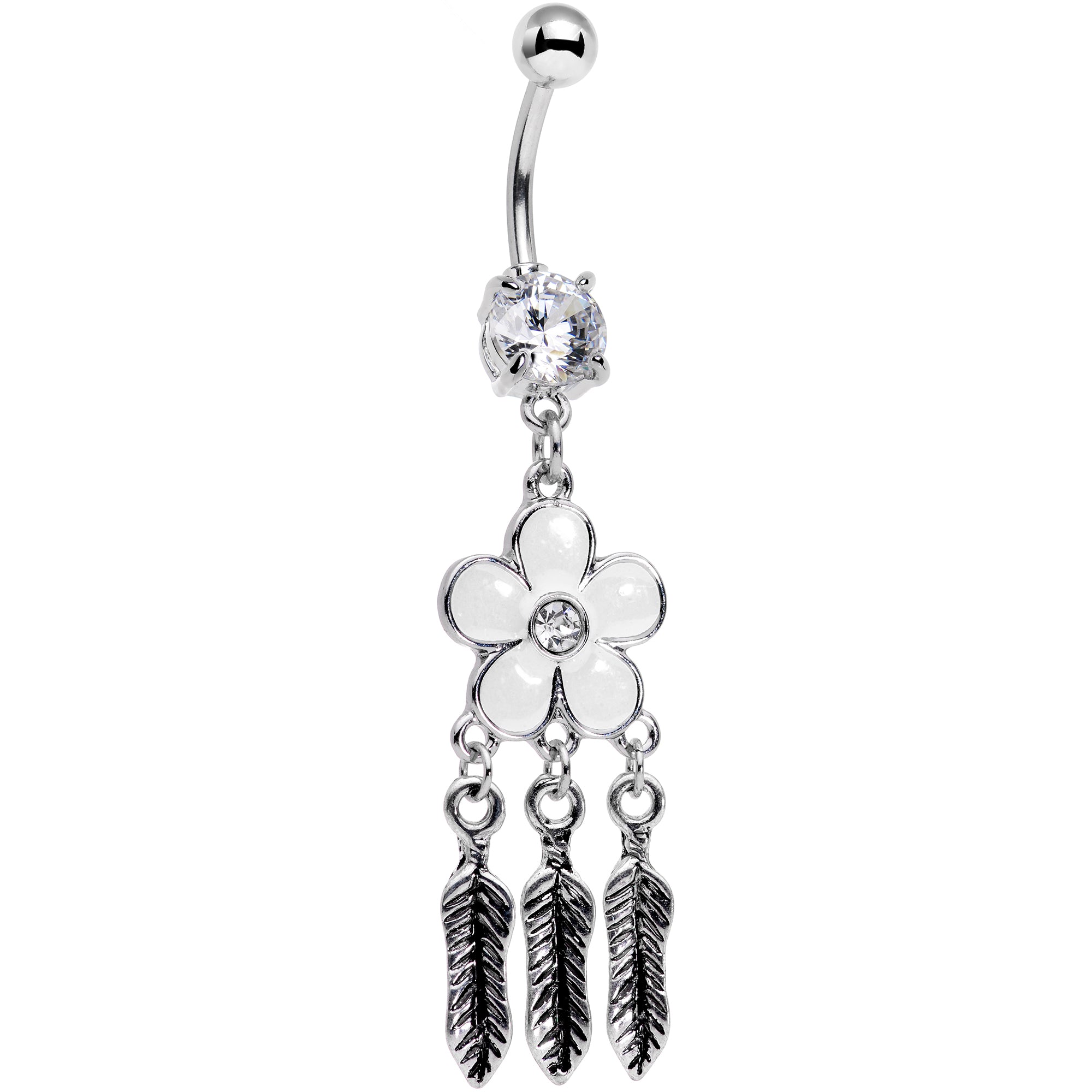 Clear Gem White Flower Feathers Dreamcatcher Dangle Belly Ring