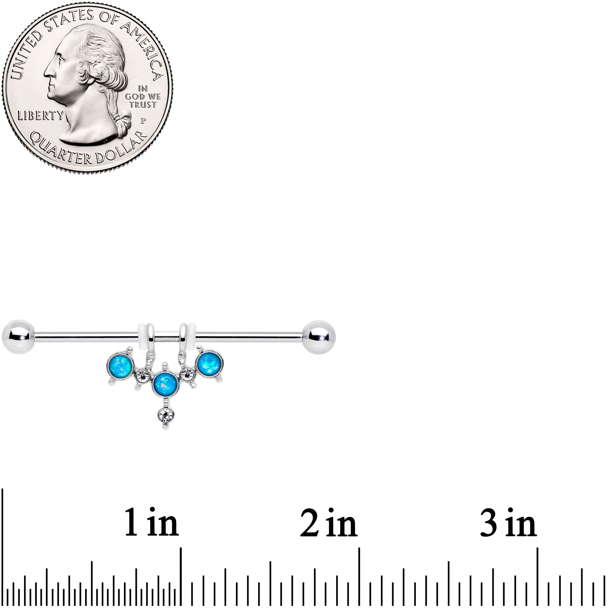 14G Aqua Faux Opal Triad Dangle Industrial Barbell 38mm