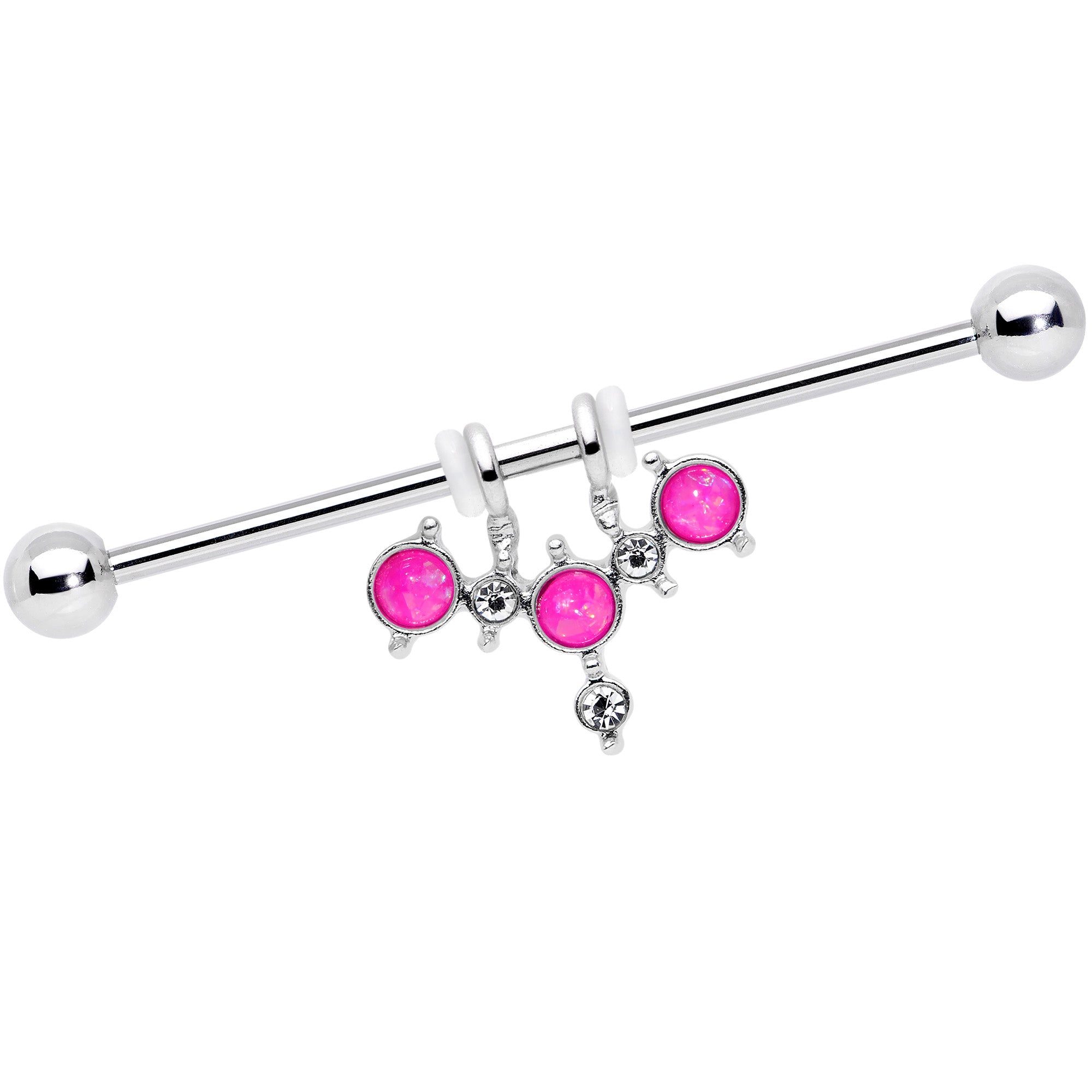 14 Gauge Pink Faux Opal Triad Dangle Industrial Barbell 38mm