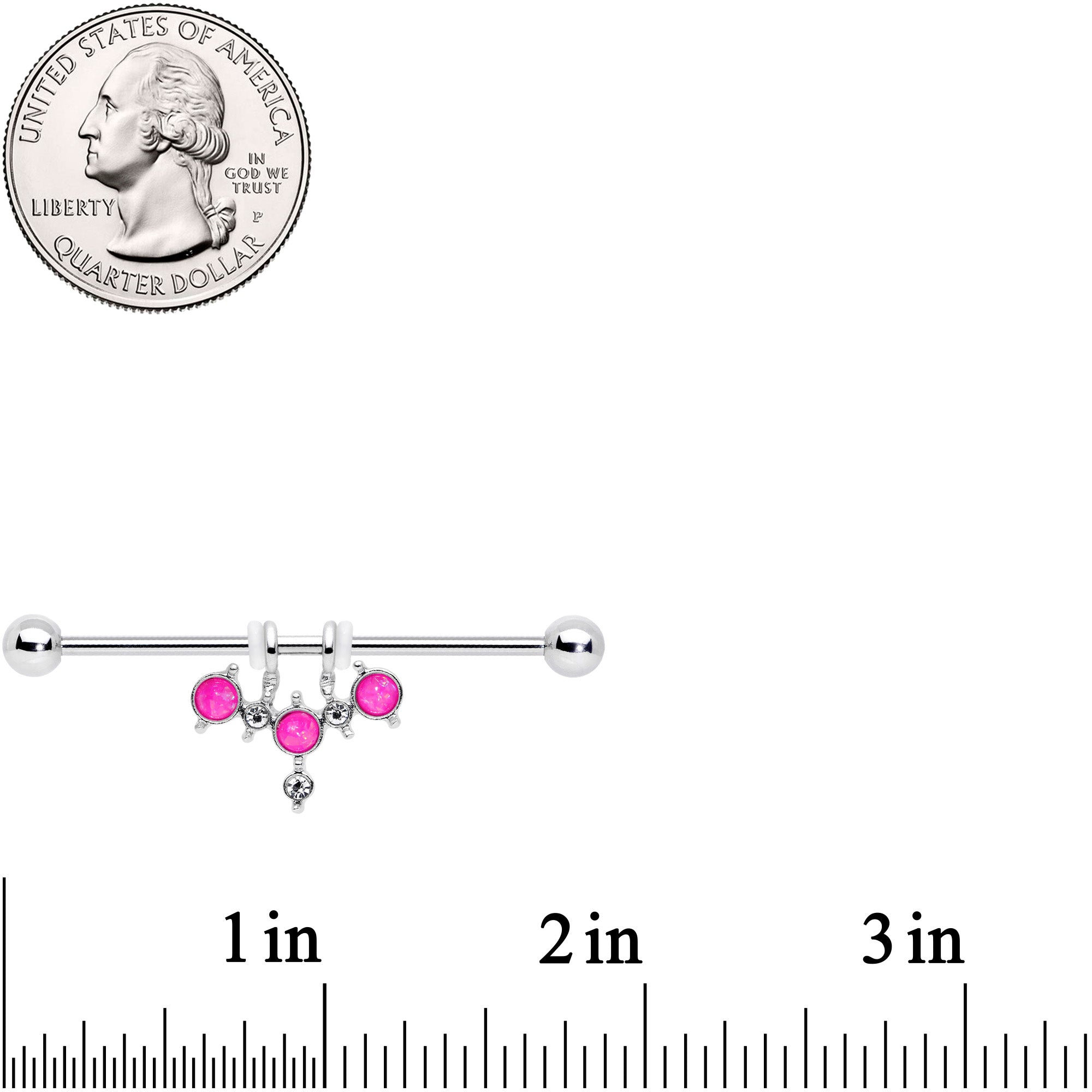 14G Pink Faux Opal Triad Dangle Industrial Barbell 38mm