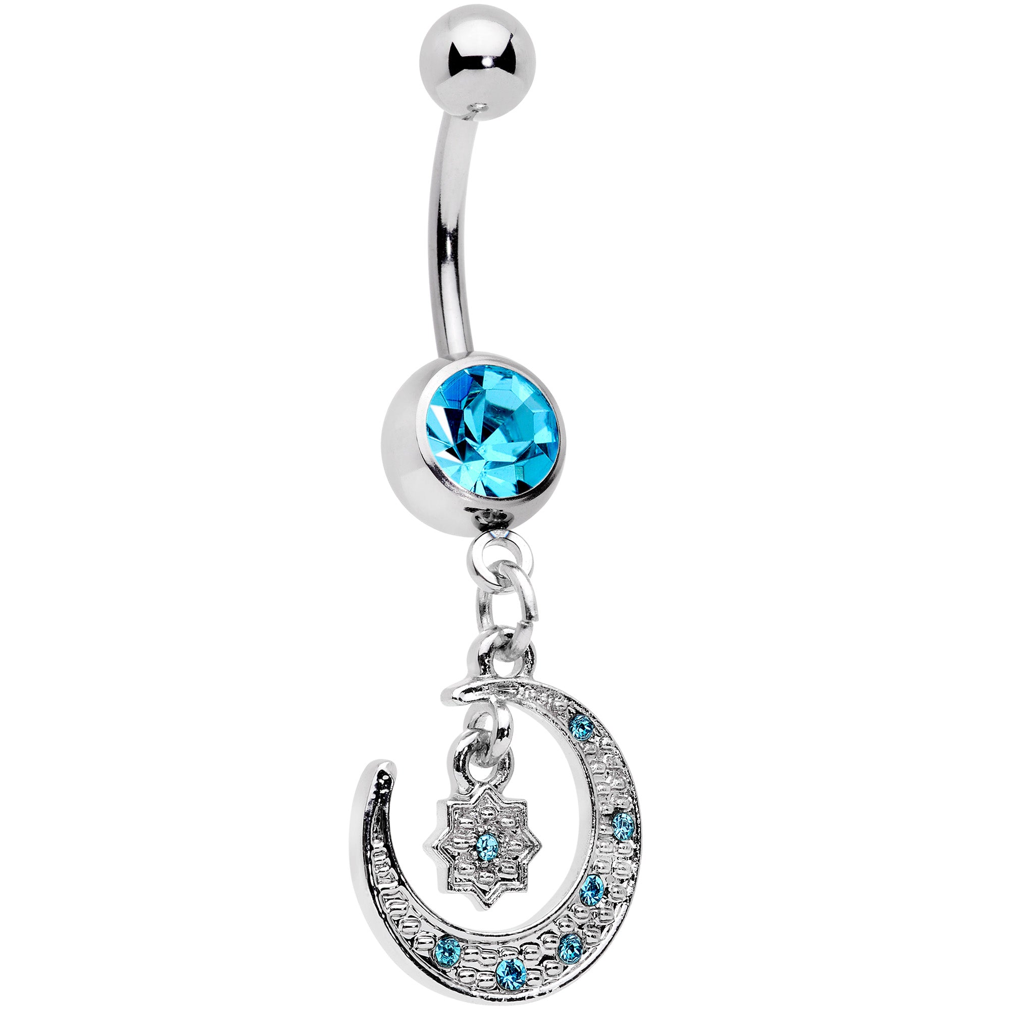 Aqua Gem Starburst Crescent Moon Dangle Belly Ring Set of 2