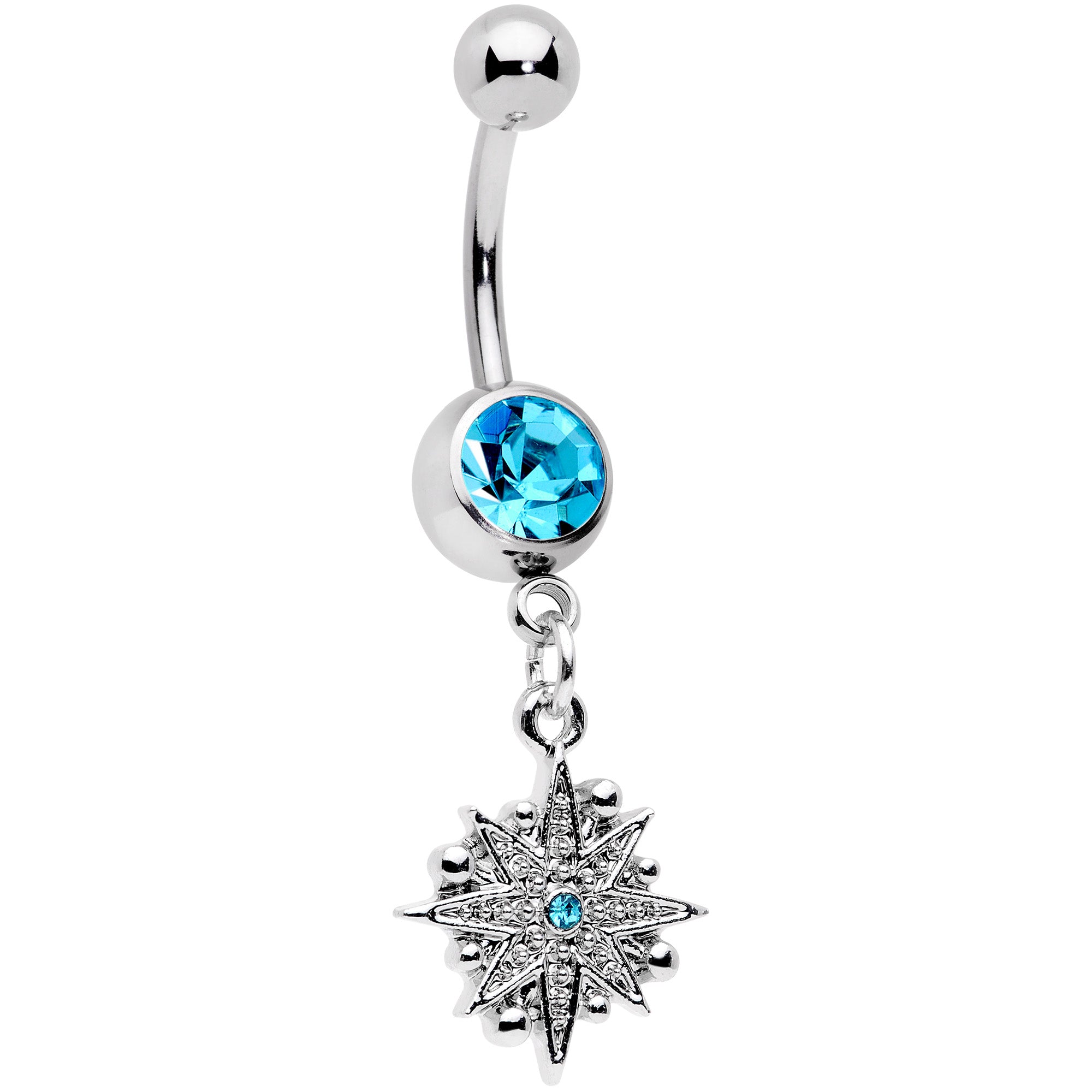 Aqua Gem Starburst Crescent Moon Dangle Belly Ring Set of 2