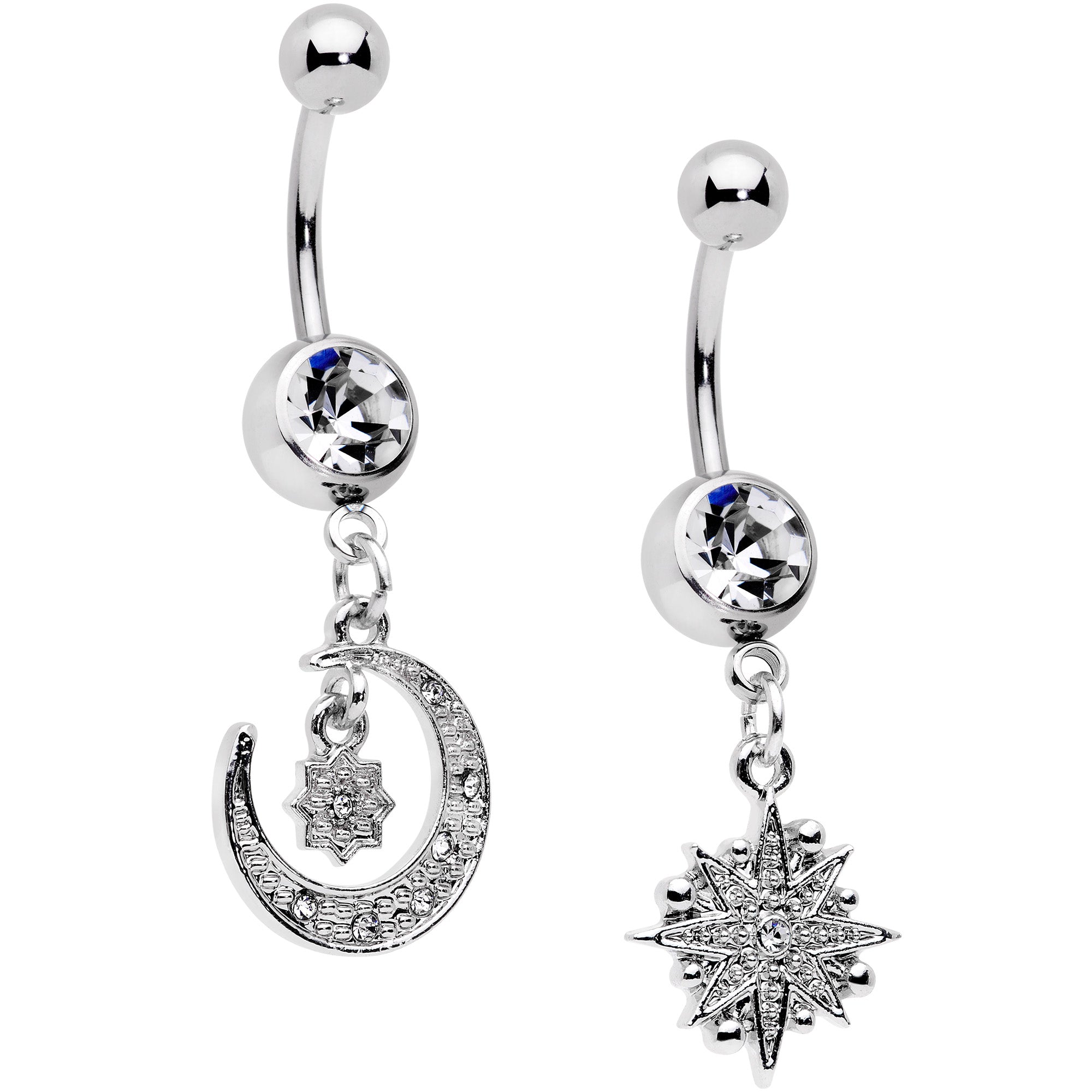 Clear Gem Starburst Crescent Moon Dangle Belly Ring Set of 2