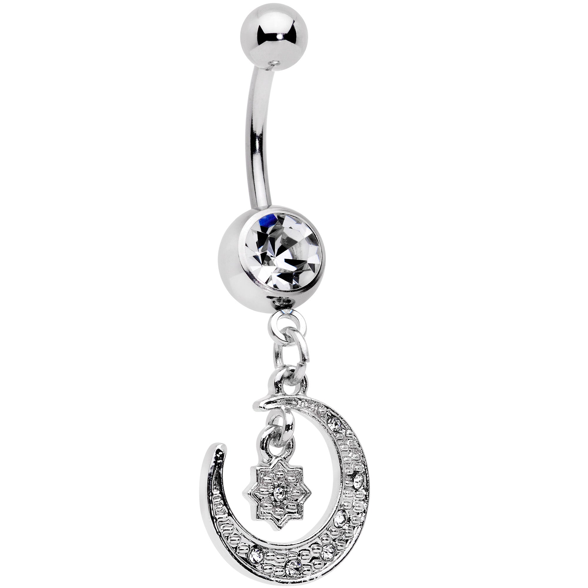 Clear Gem Starburst Crescent Moon Dangle Belly Ring Set of 2