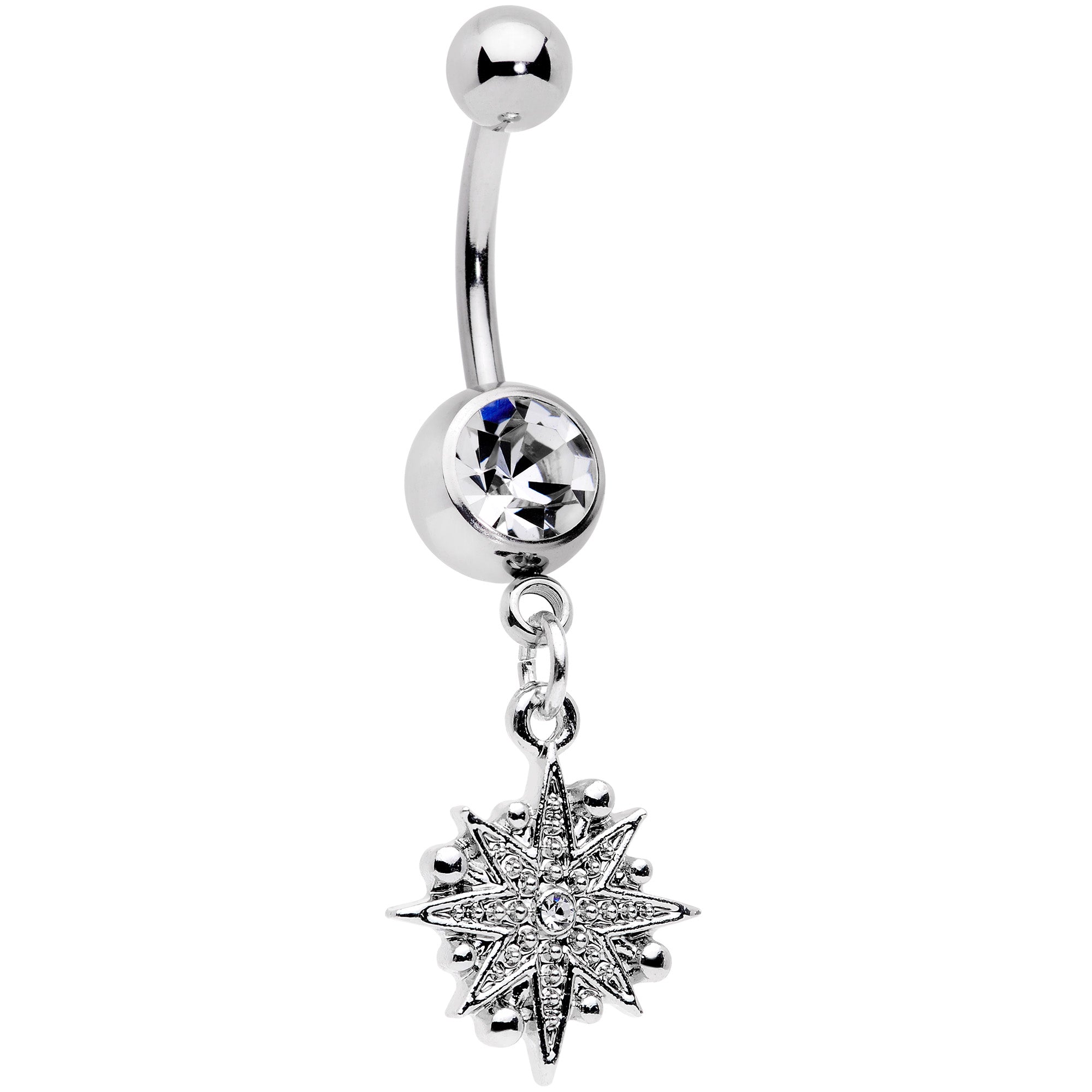 Clear Gem Starburst Crescent Moon Dangle Belly Ring Set of 2