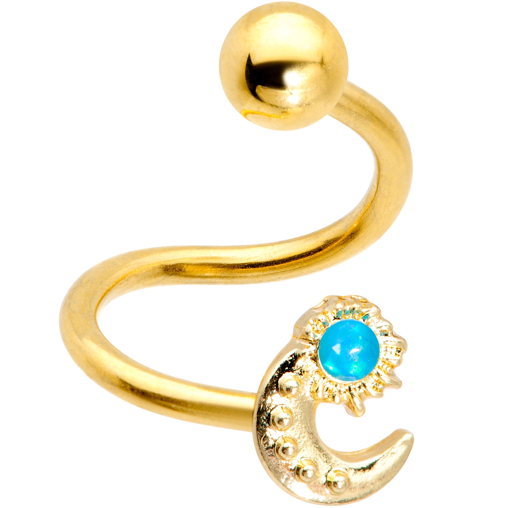 14 Gauge 3/8 Blue Faux Opal Gold Tone Moon Spiral Twister Belly Ring