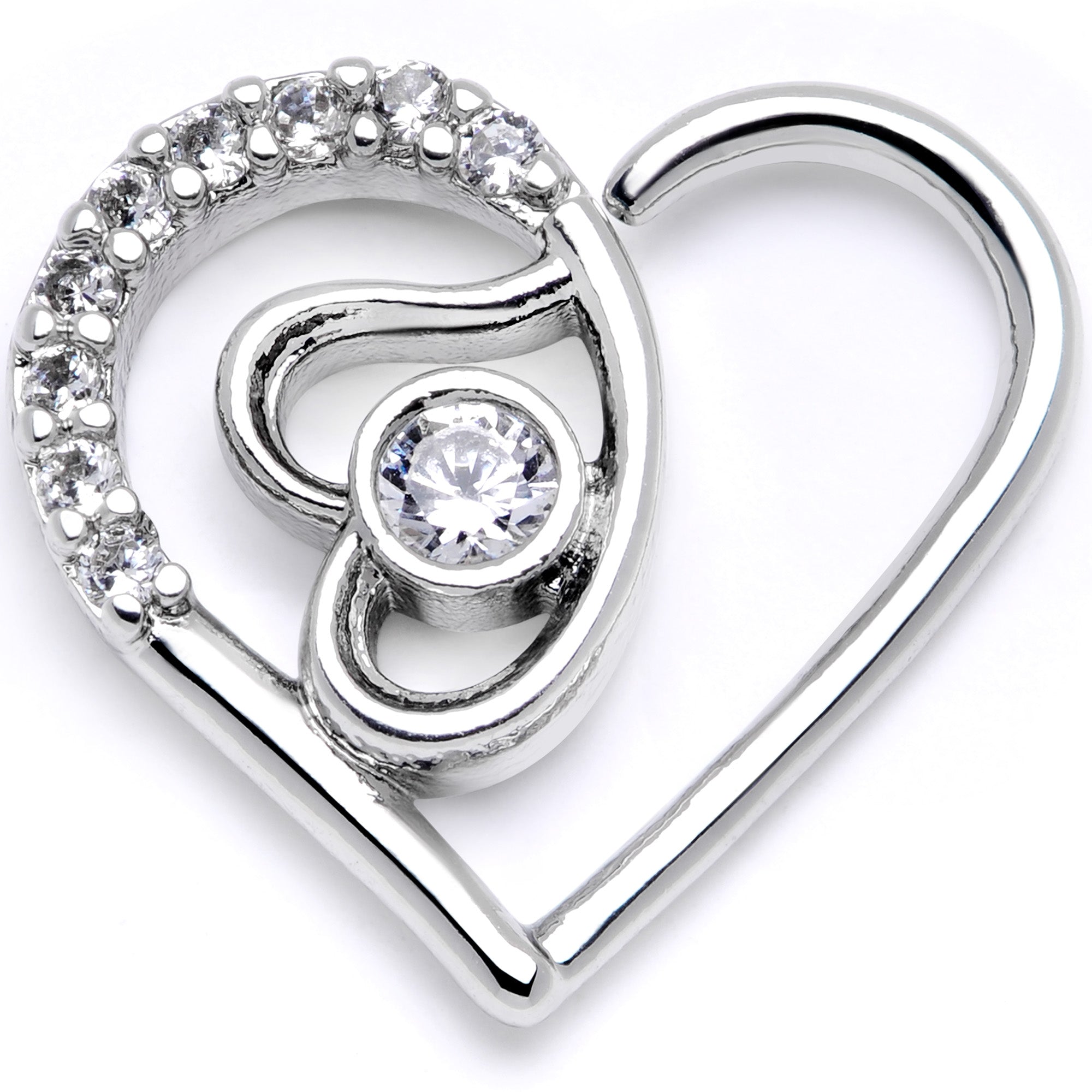 16 Gauge 1/4 Clear CZ Gem Double Heart Right Ear Closure Ring