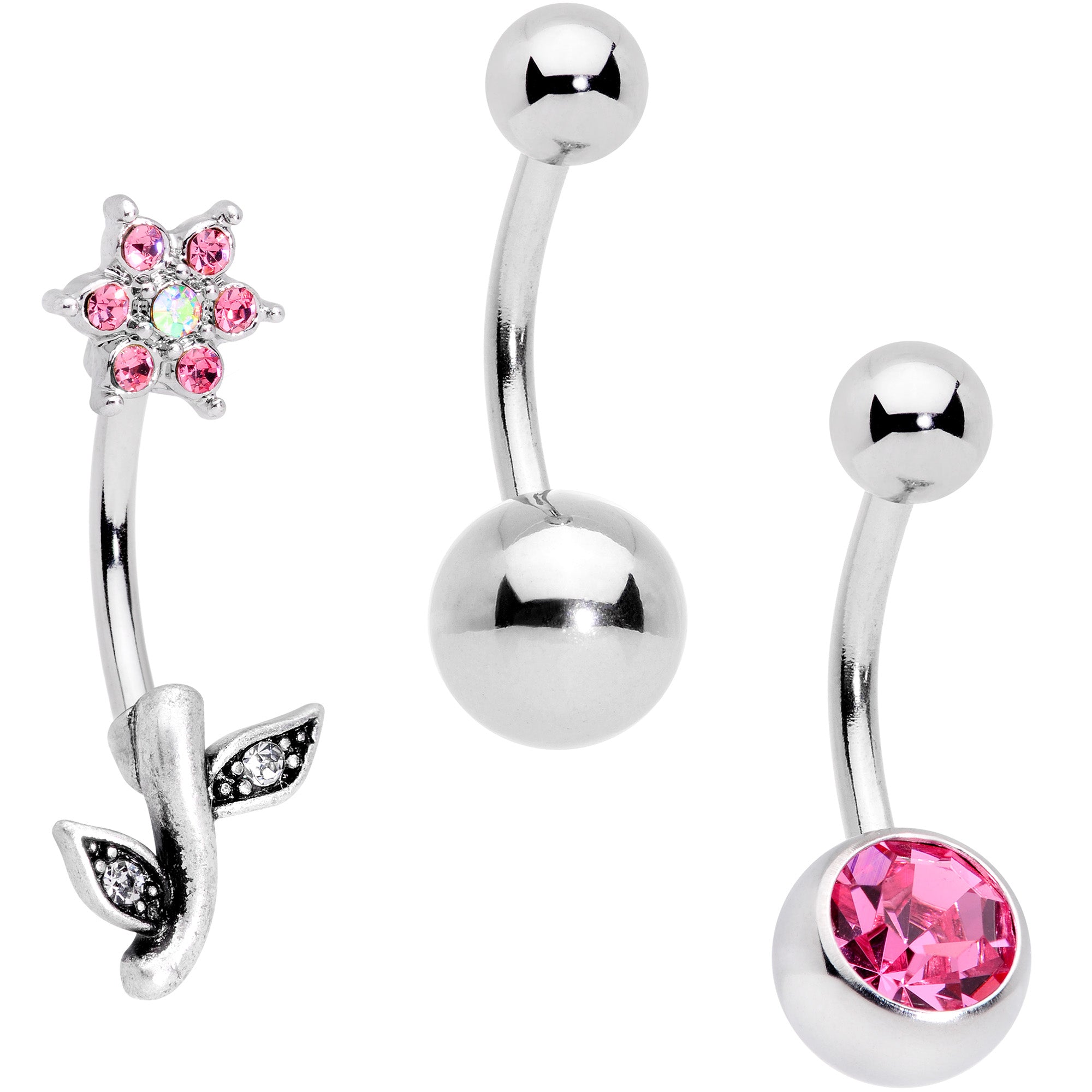 Pink Clear Gem Flower Belly Ring Set of 3