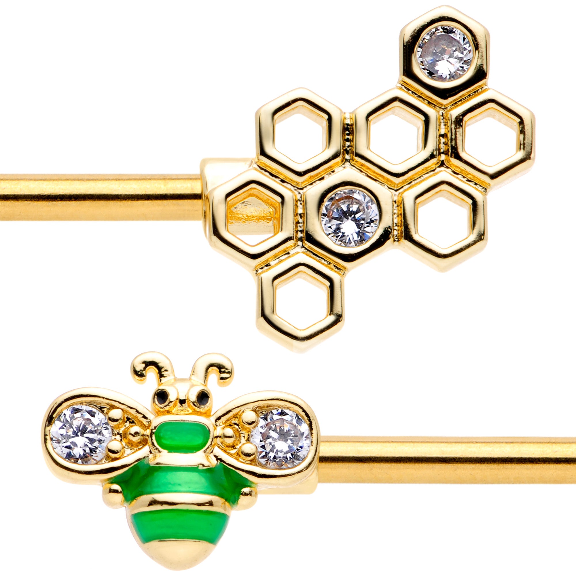 14G 9/16 Clear Gem Gold Tone Green Bee Barbell Nipple Ring Set