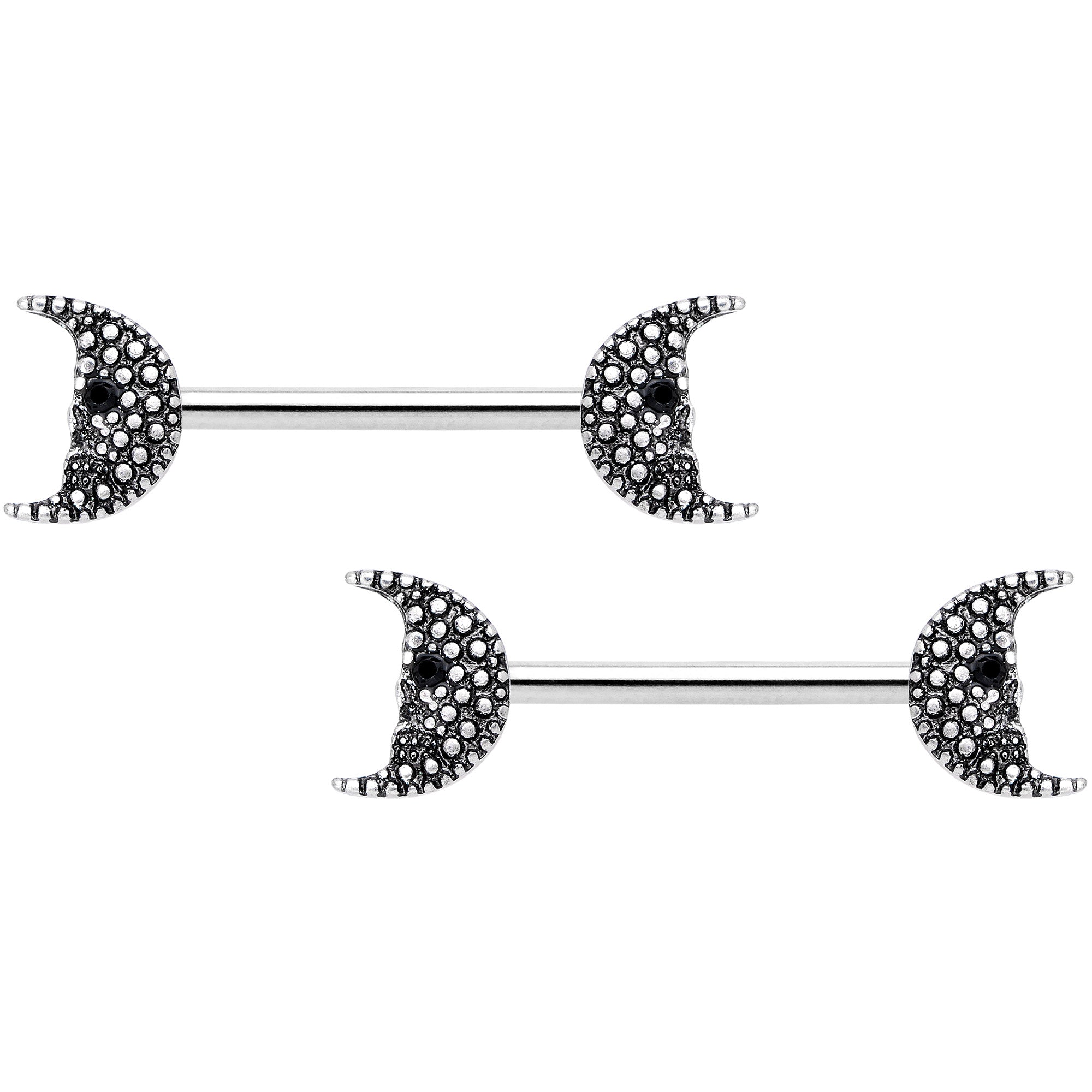 14G 9/16 Black Gem Skull Crescent Moon Barbell Nipple Ring Set