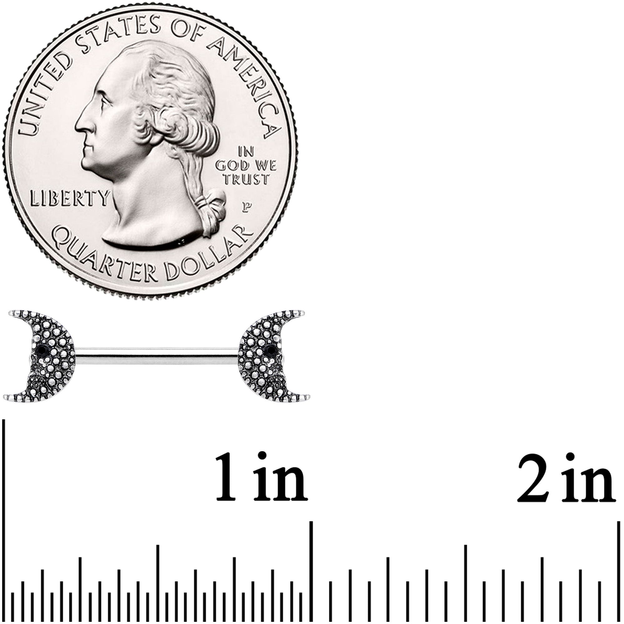 14G 9/16 Black Gem Skull Crescent Moon Barbell Nipple Ring Set