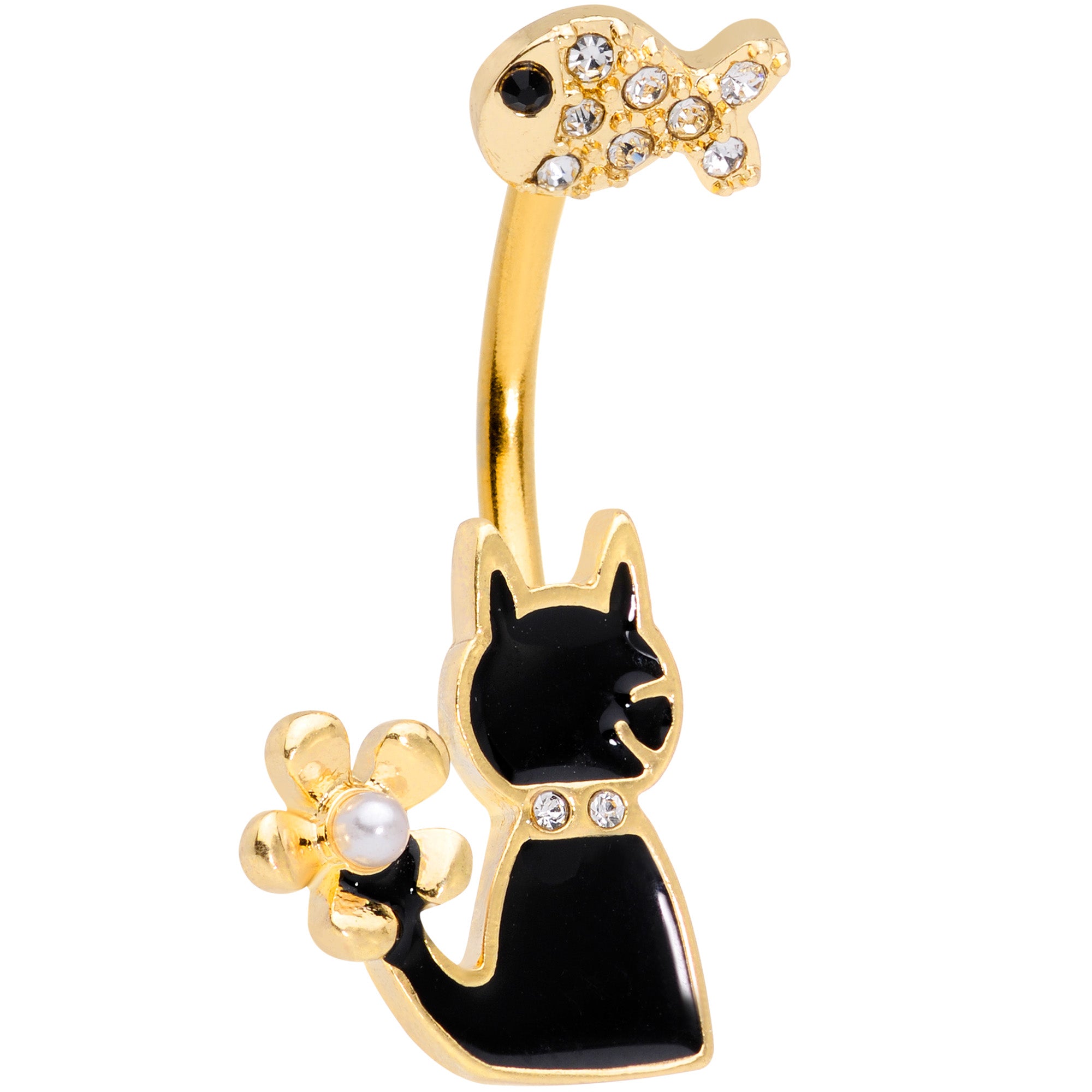 Clear Gem Gold Tone Cat Fishing Black Cat Double Mount Belly Ring