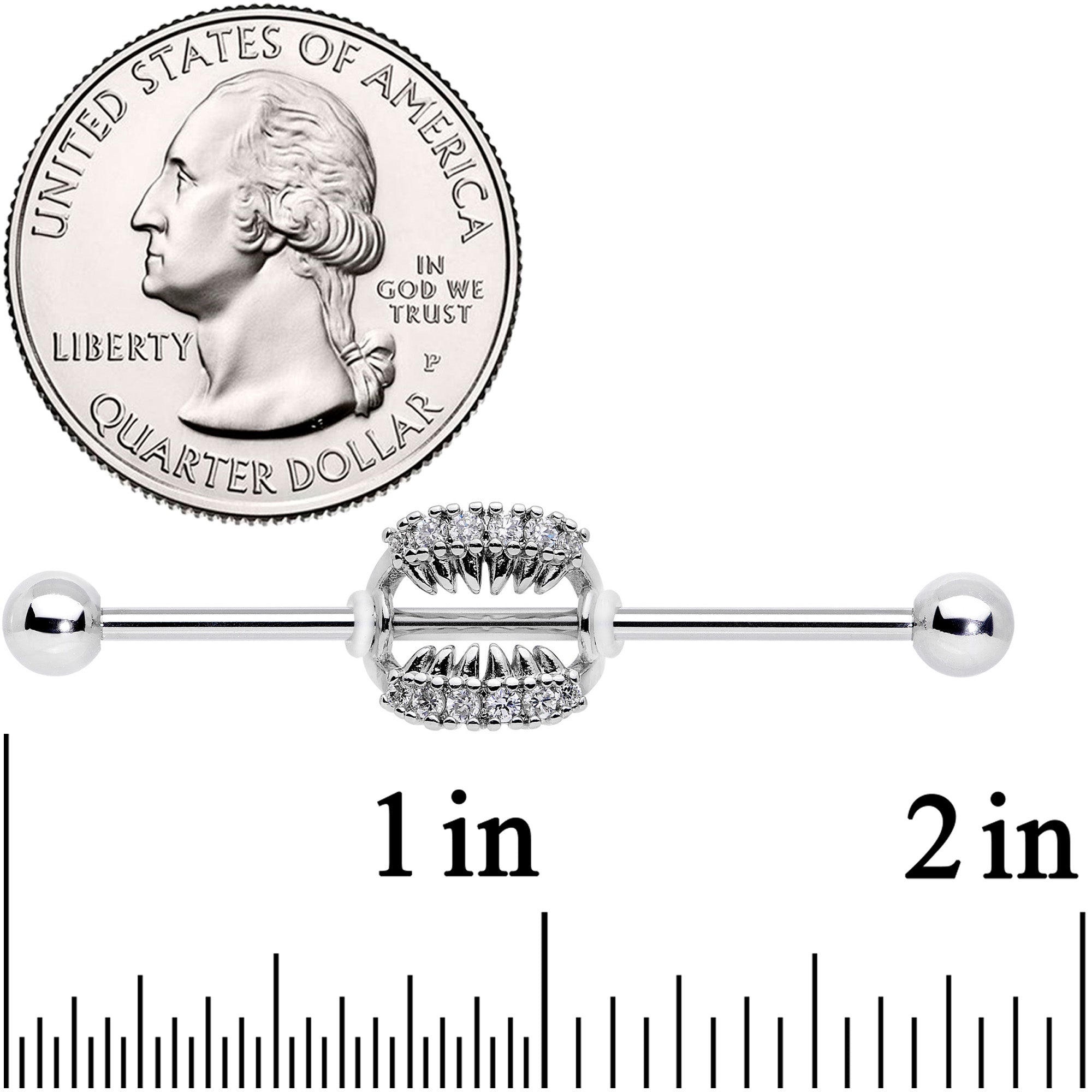 14G Clear CZ Gem Scary Monster Fangs Industrial Barbell 38mm