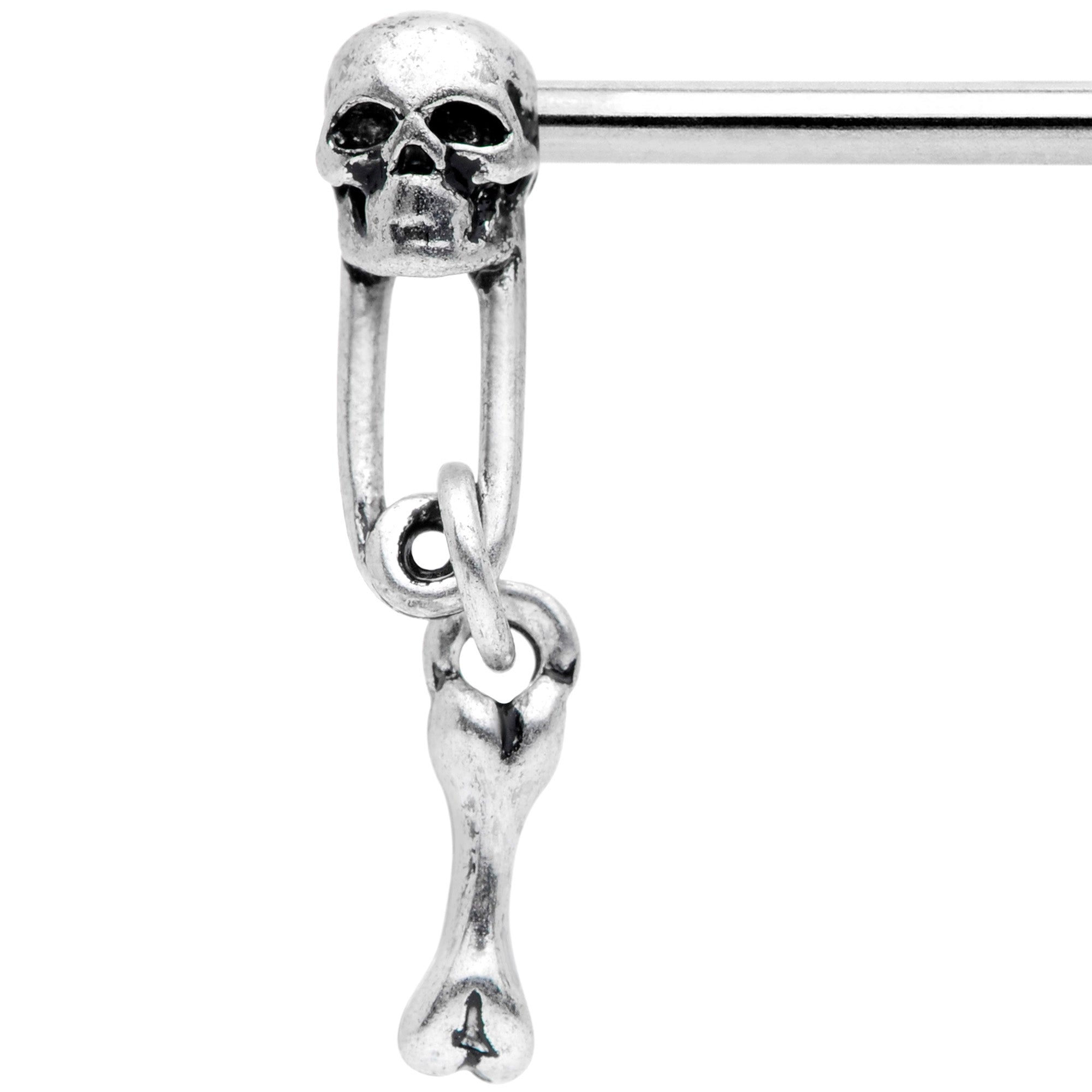 14 Gauge 9/16 Skull Safety Pin Dangle Barbell Nipple Ring Set