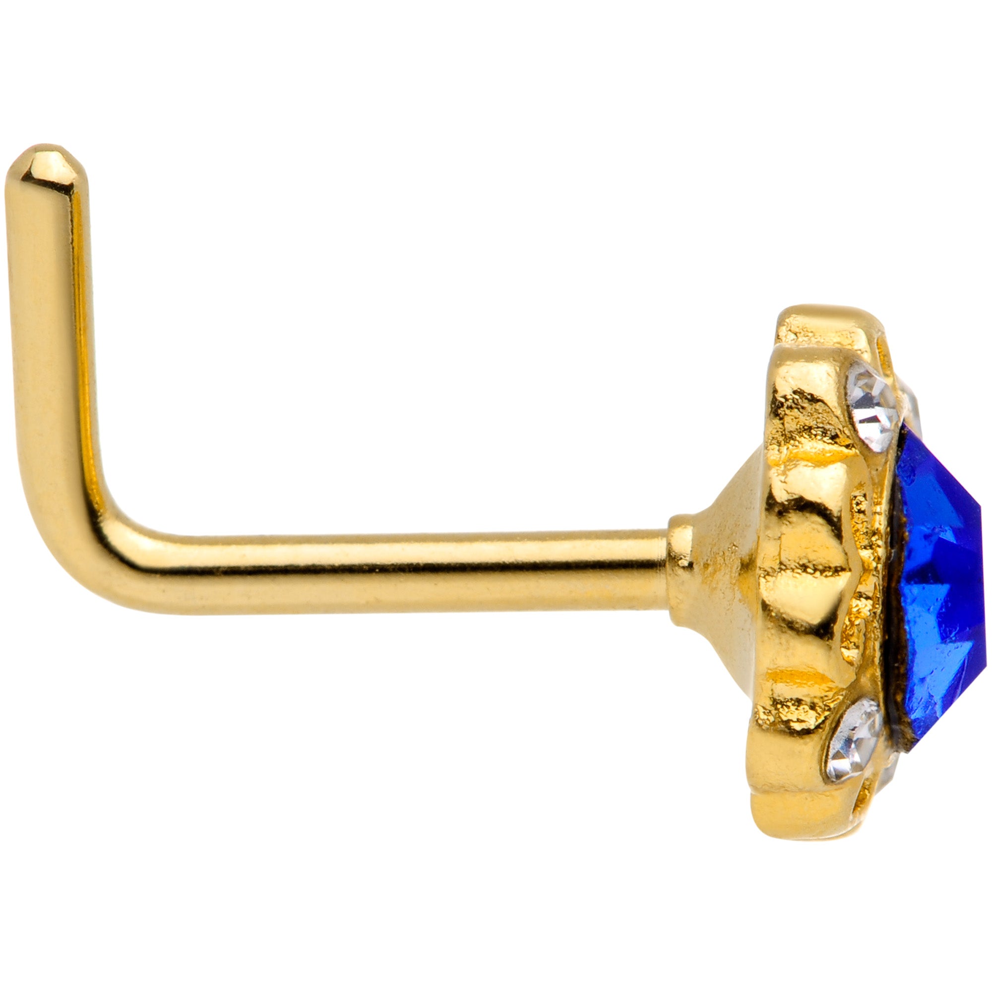 18 Gauge 5/16 Clear Blue Gem Gold Tone Regal L Shaped Nose Ring