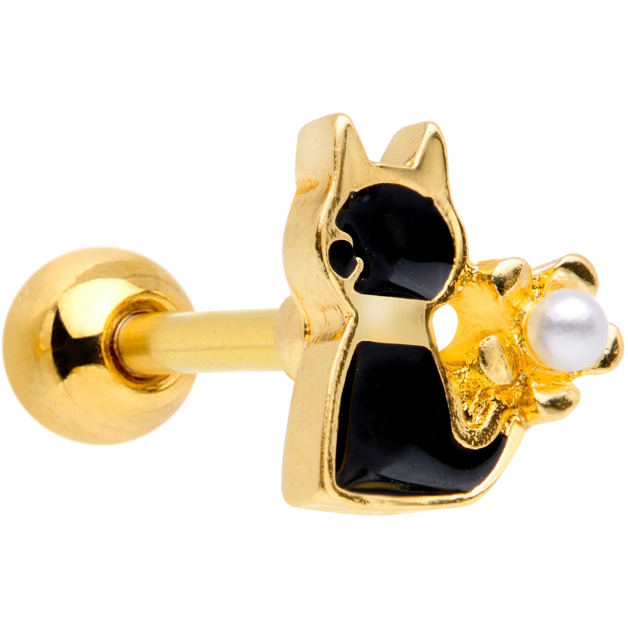 16 Gauge 1/4 Gold Tone Flower Black Cat Cartilage Tragus Earring