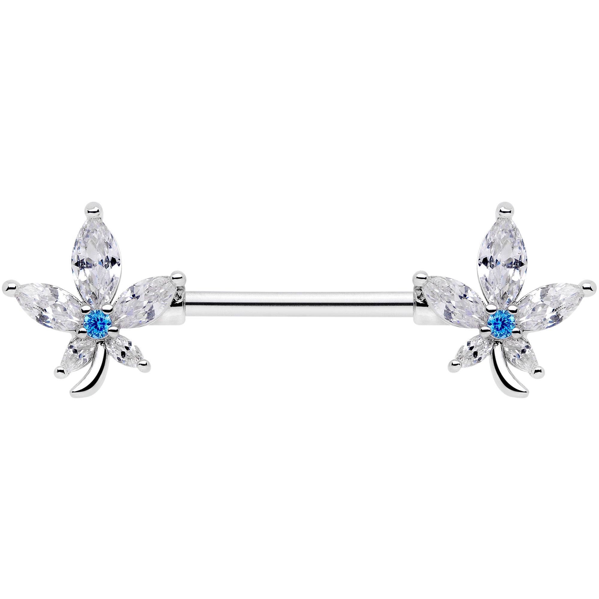14G 9/16 Clear Blue CZ Gem Marijuana Leaf Barbell Nipple Ring Set