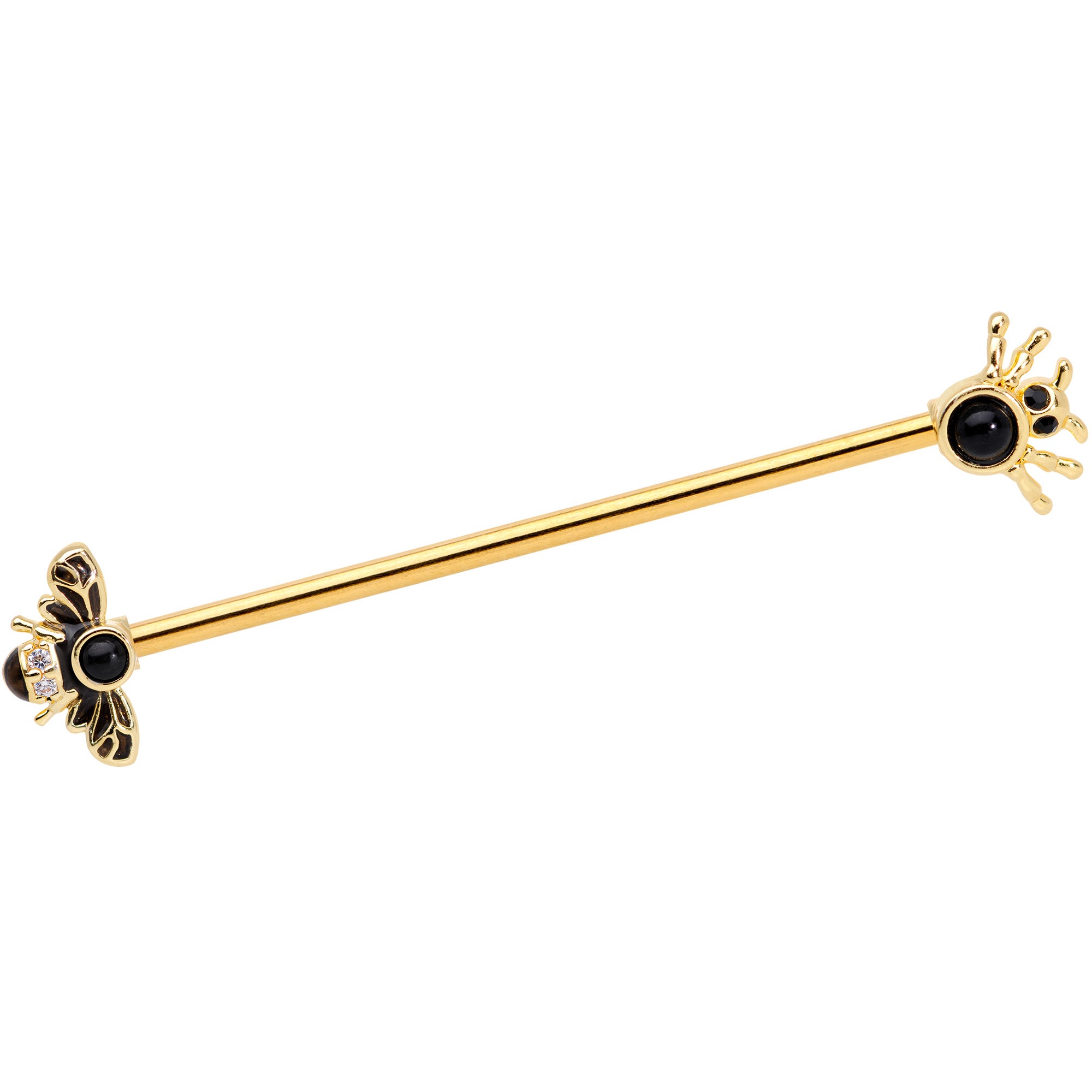 14 Gauge Clear Black Gem Gold Tone Bug Out Bee Insect Industrial Barbell 38mm