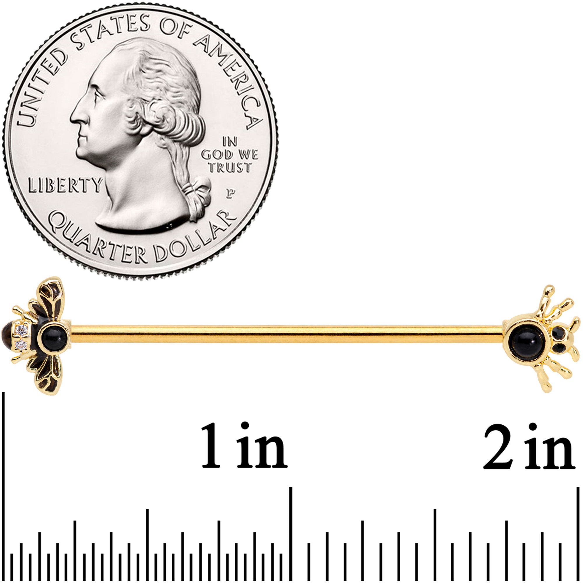 14 Gauge Clear Black Gem Gold Tone Bug Out Bee Insect Industrial Barbell 38mm