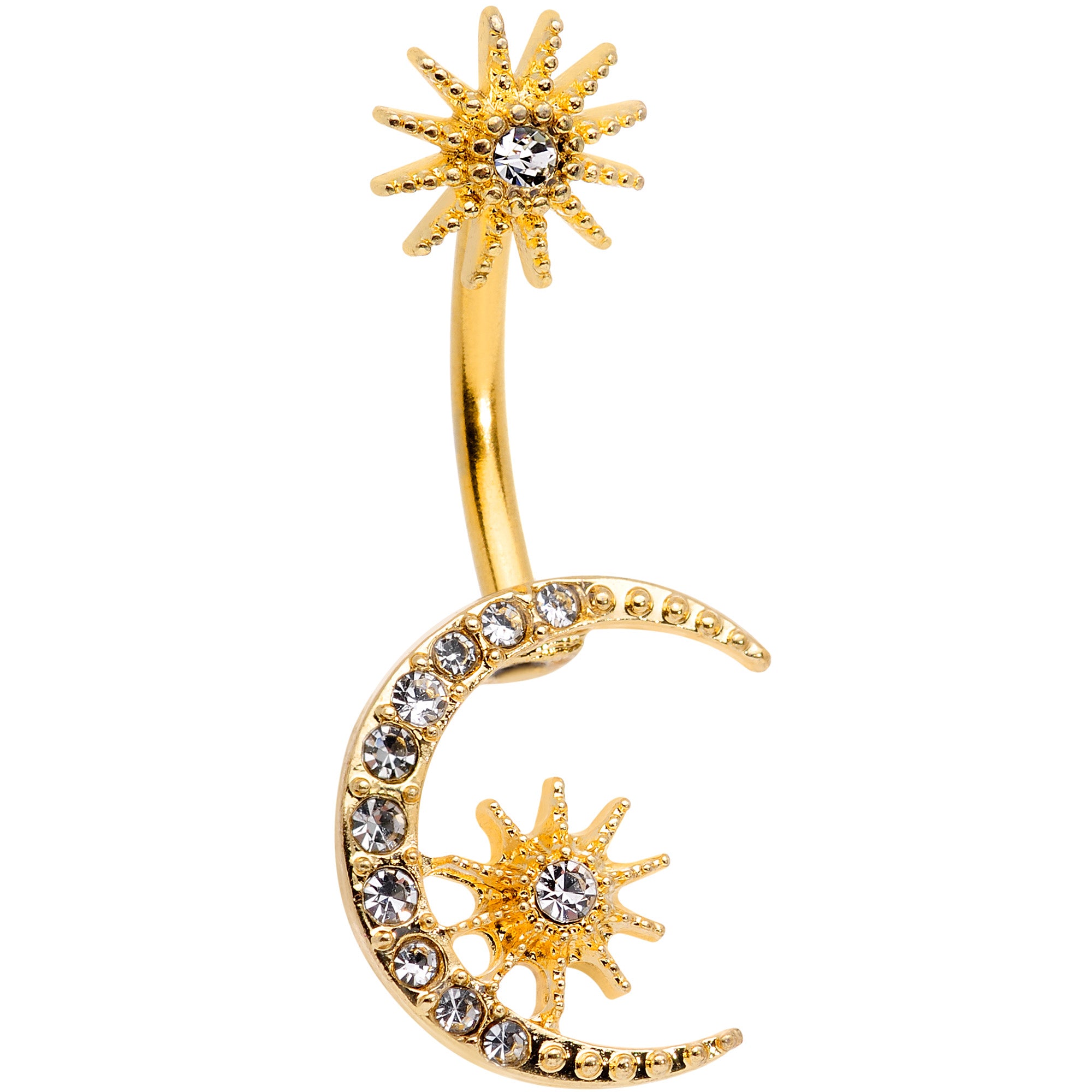 Clear Gem Gold Tone Crescent Moon Stars Double Mount Belly Ring