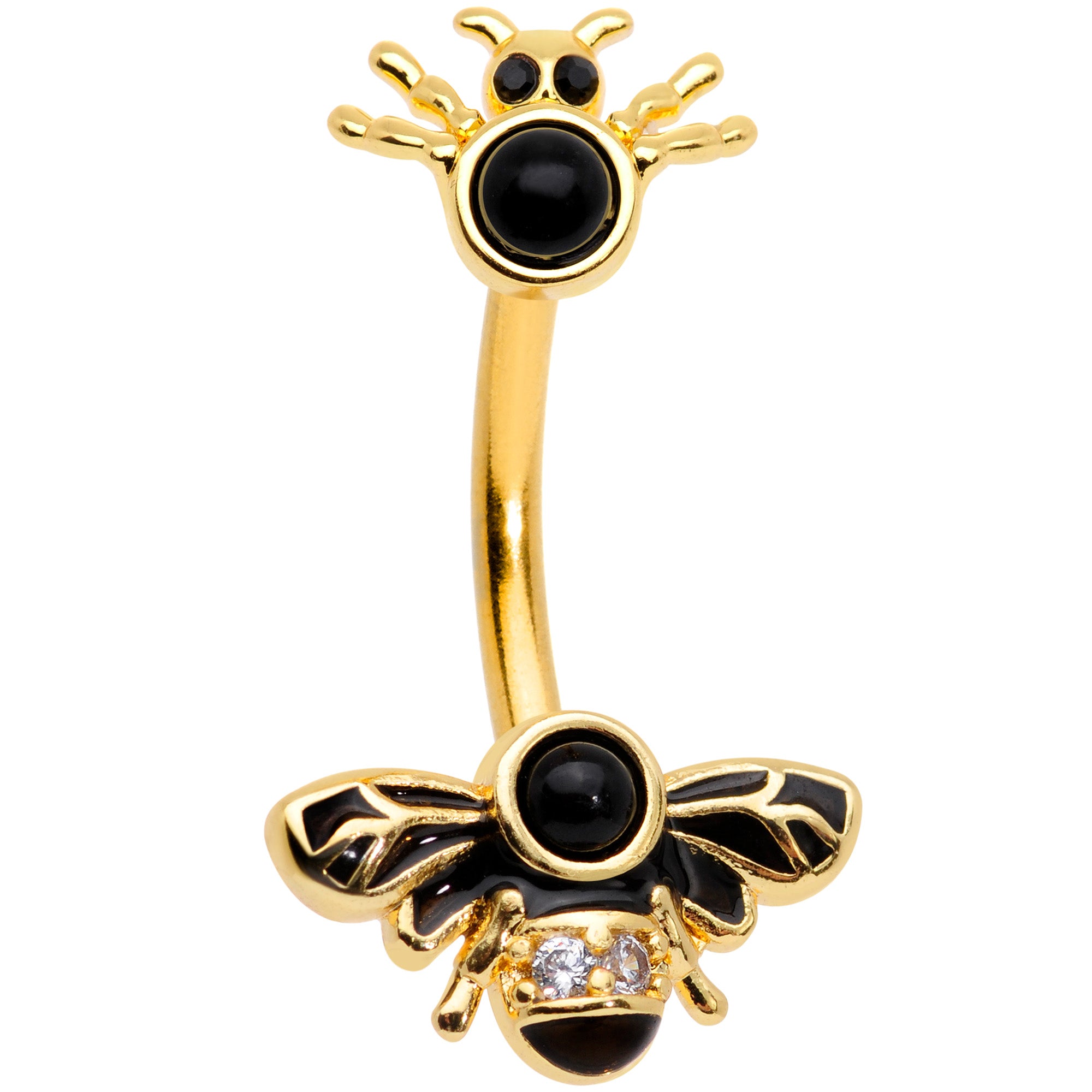 Clear Black Gem Gold Tone Bee Spider Insect Double Mount Belly Ring