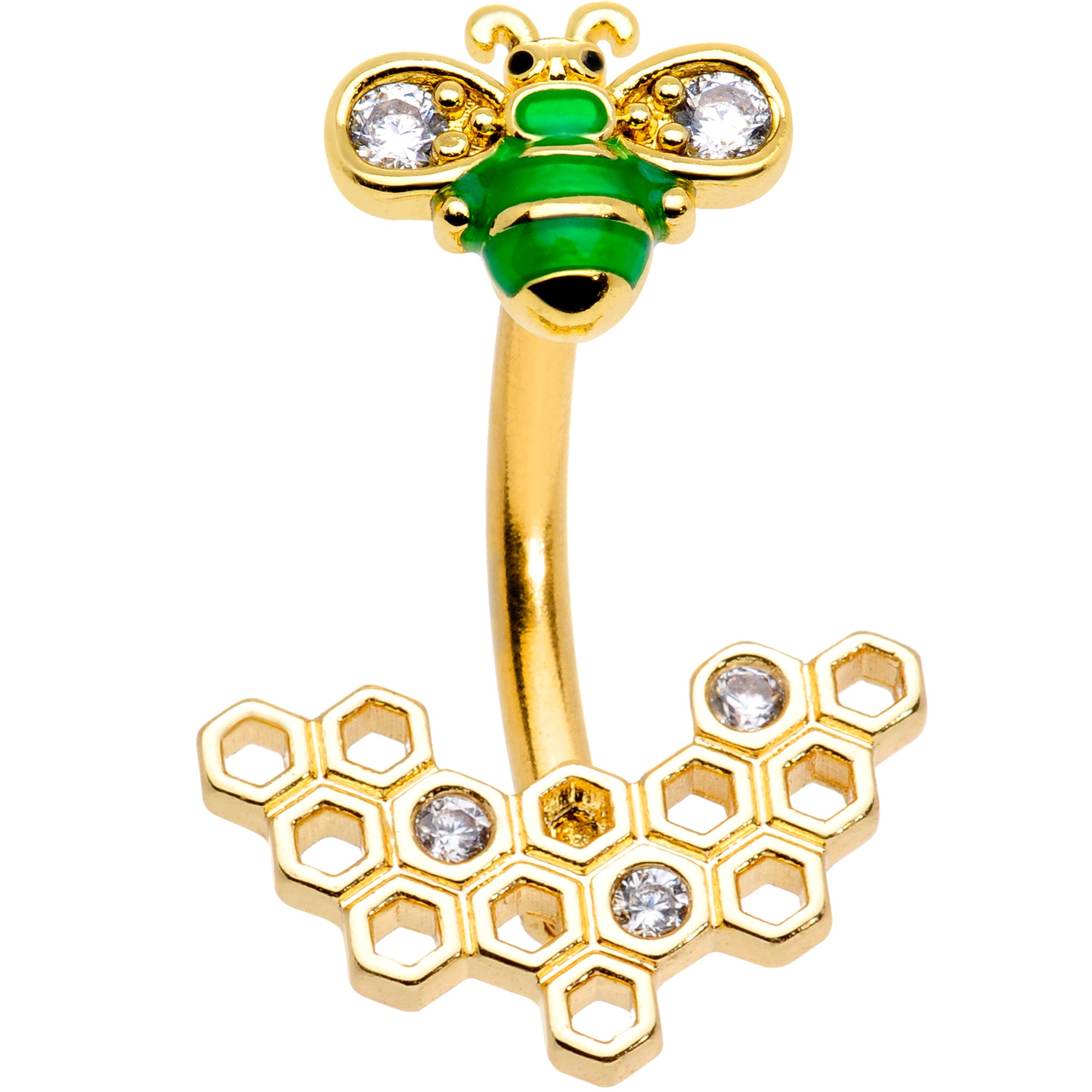 Clear Gem Gold Tone Green Bee Double Mount Belly Ring
