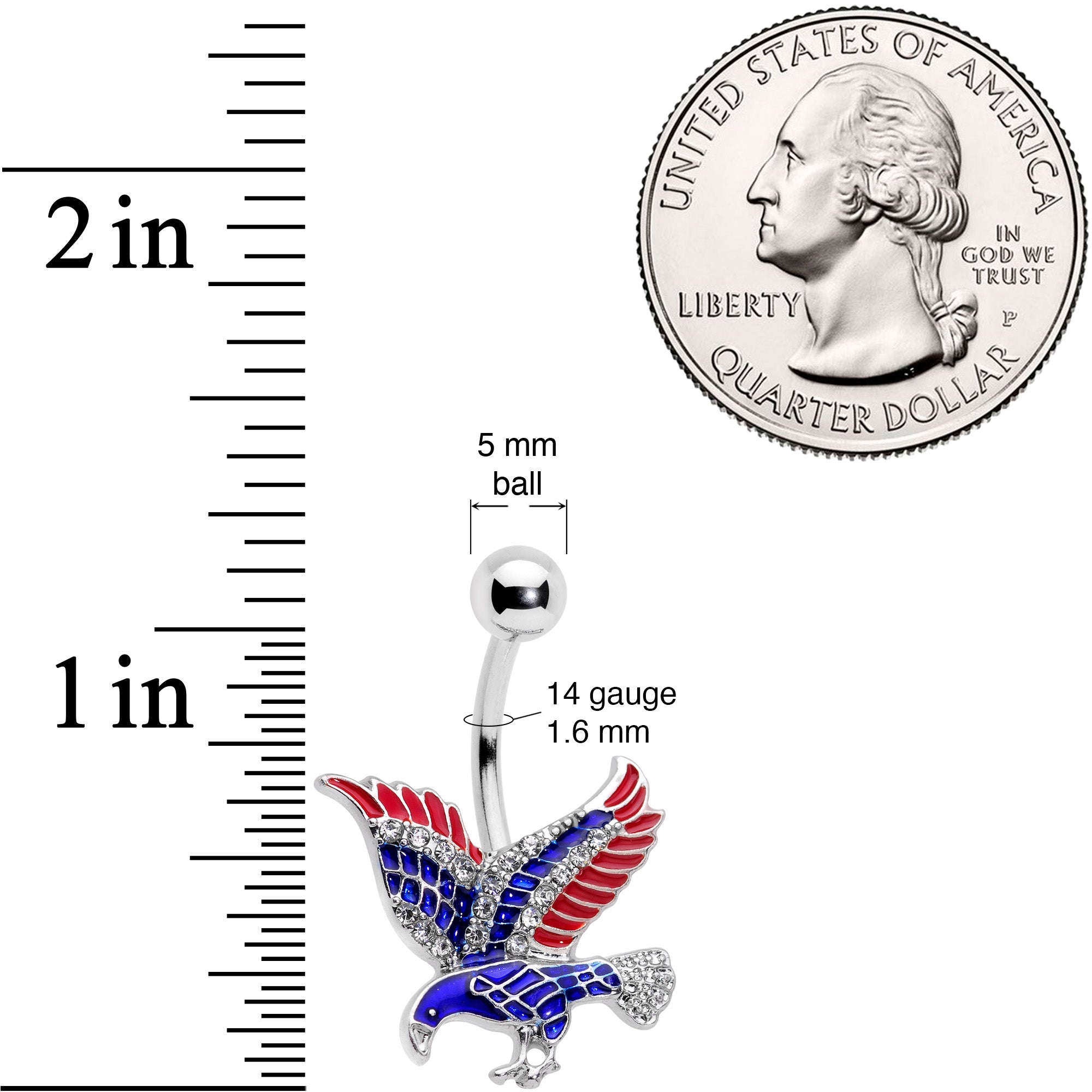 Clear Gem Red Blue Patriotic USA Eagle Belly Ring