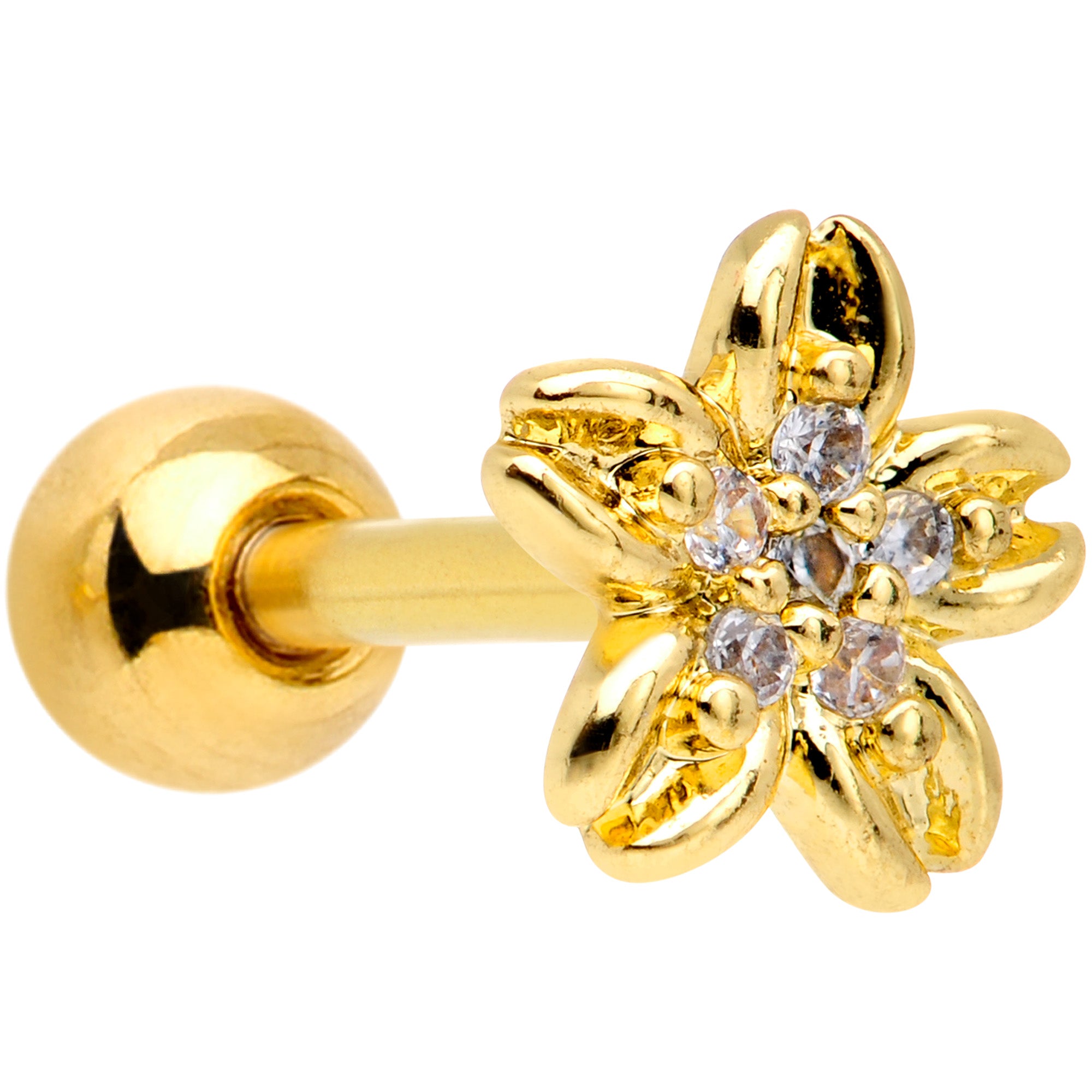 16G 1/4 Clear Gem Center Gold Tone Flower Cartilage Tragus