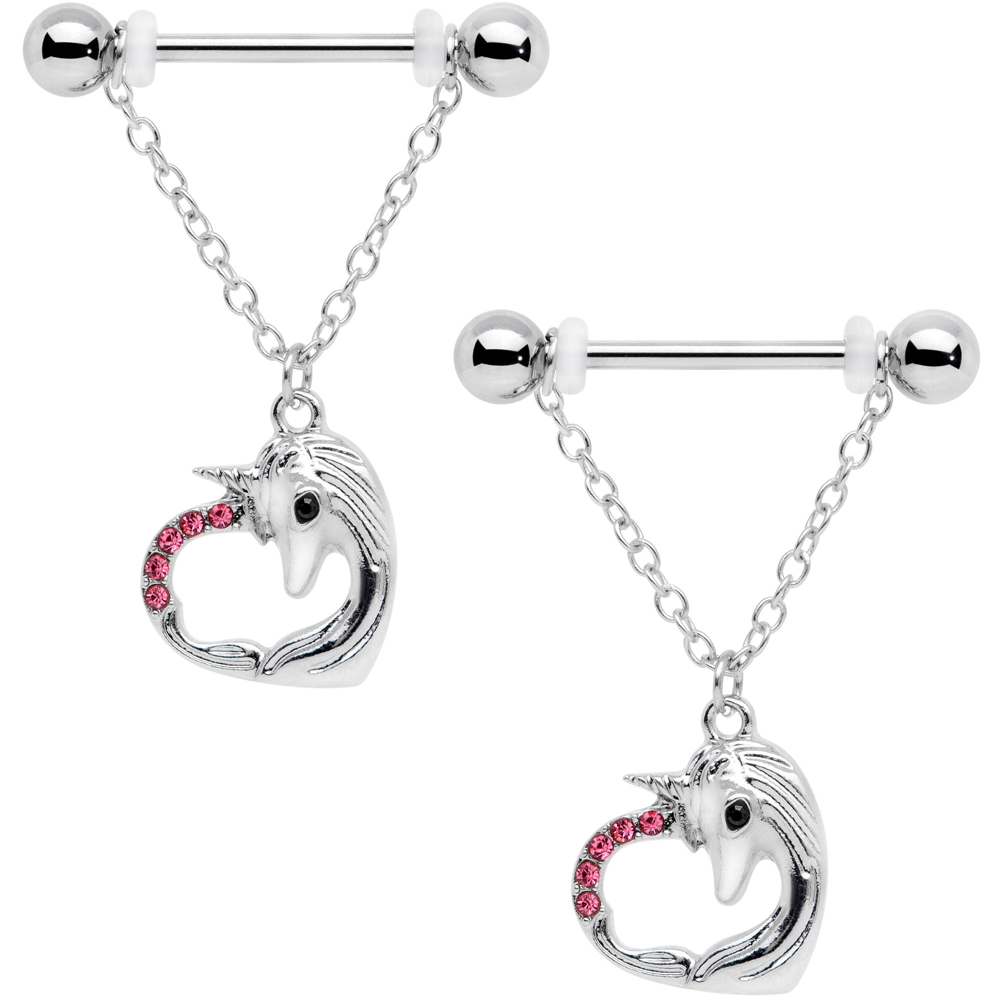 14 Gauge 5/8 Pink Gem Unicorn Heart Dangle Barbell Nipple Ring Set