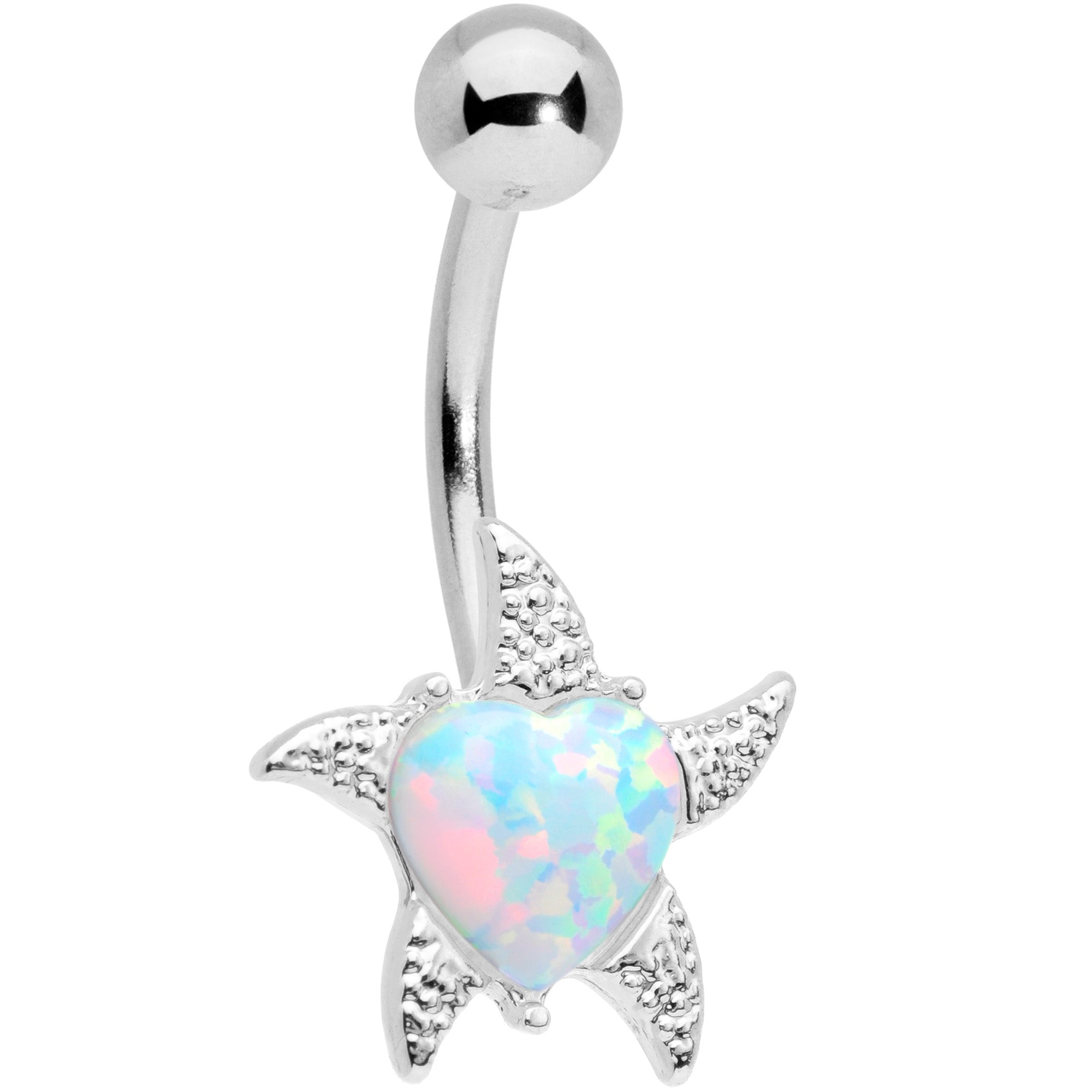 White Synthetic Opal Heart Starfish Nautical Belly Ring