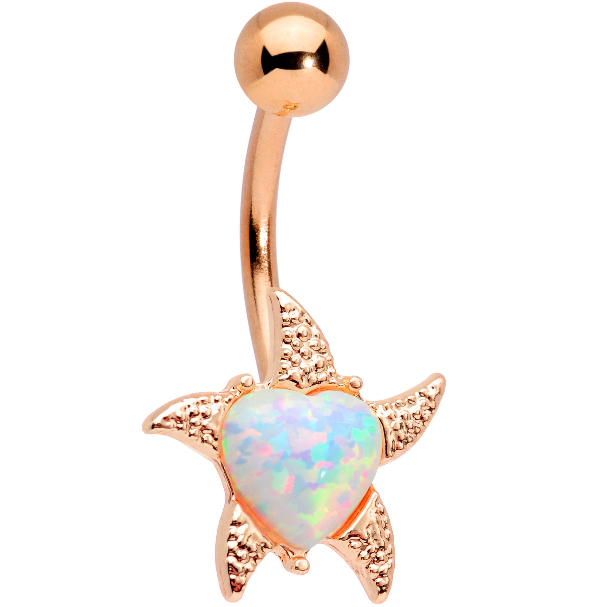 White Synthetic Opal Rose Gold Tone Heart Starfish Nautical Belly Ring