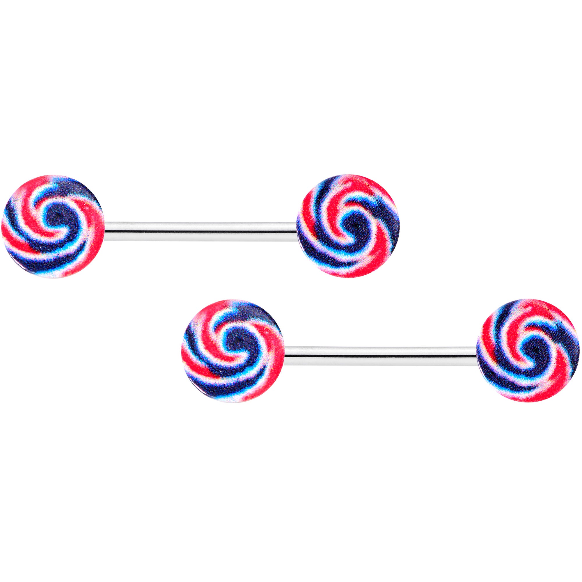14 Gauge 9/16 Red Blue Candy Swirl Barbell Nipple Ring Set