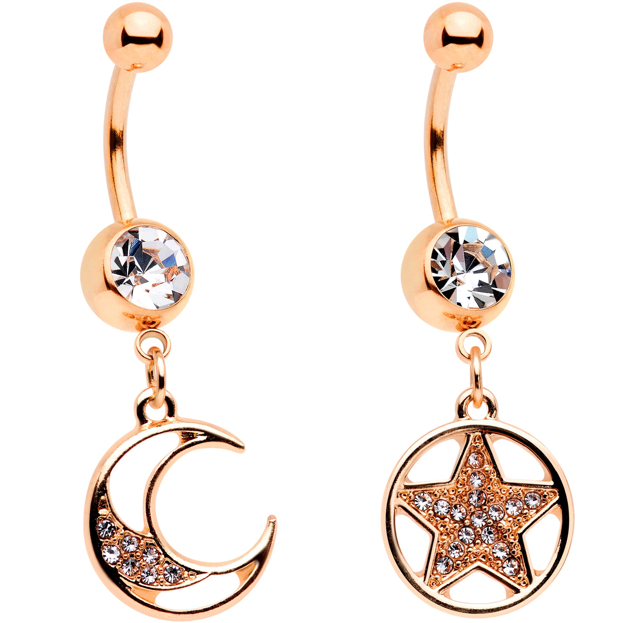 Clear Gem Rose Gold Tone Magic Moon Star Dangle Belly Ring Set of 2