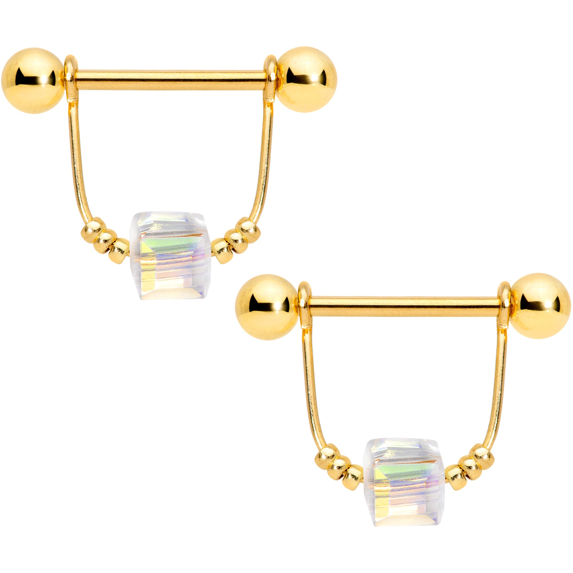 14 Gauge 5/8 Clear Gem Gold Tone Cube Dangle Nipple Ring Set