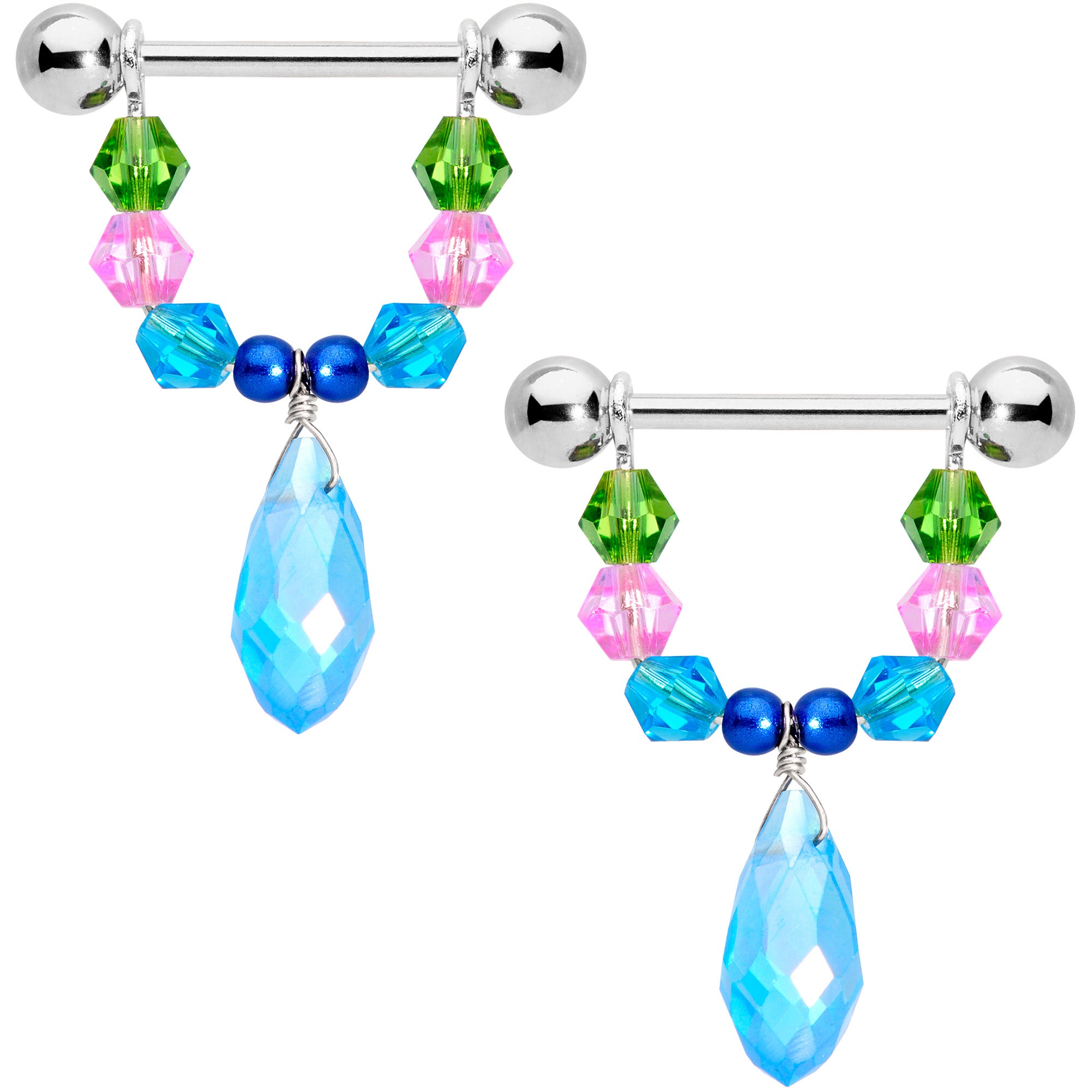 14 Gauge 5/8 Blue Pink Green Gem Drop Nipple Ring Set