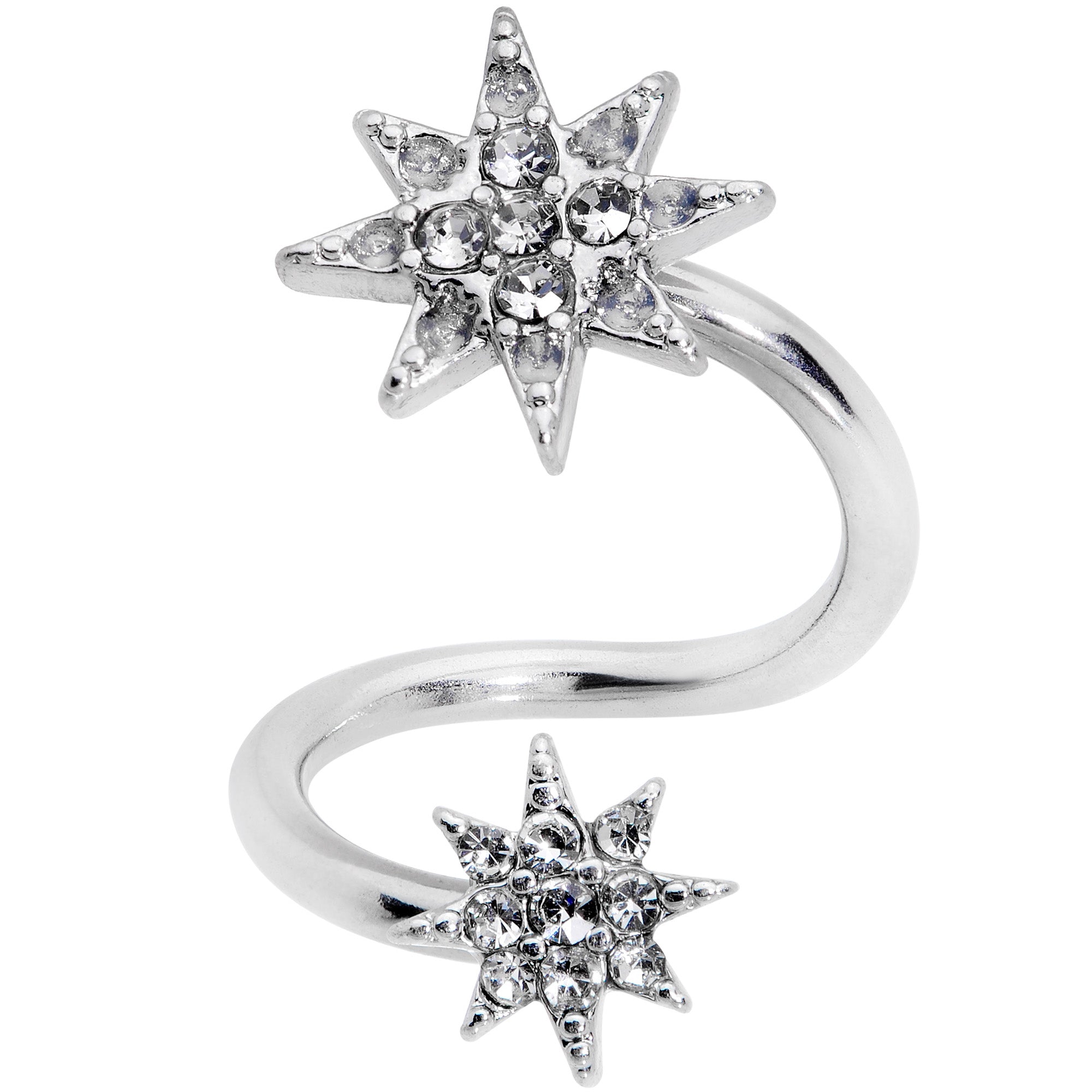 14 Gauge 3/8 Clear Gem Double Eight Pointed Star Twister Belly Ring
